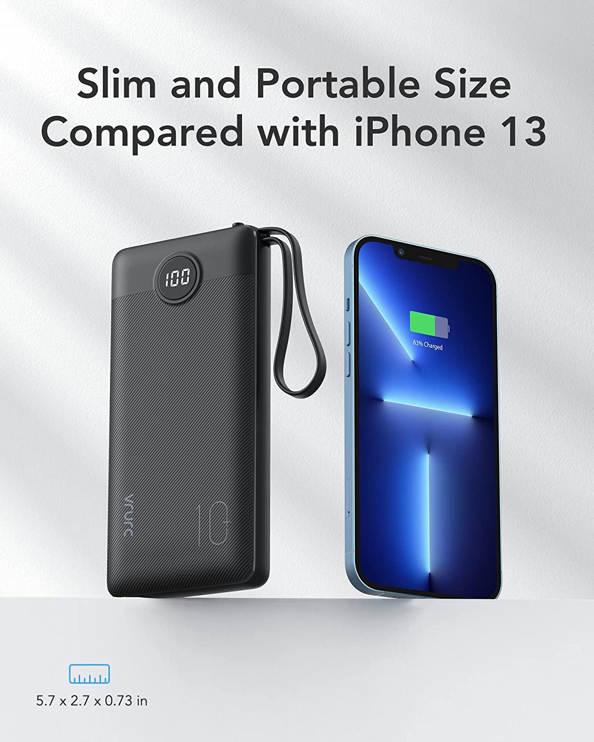 VRURC Portable Charger Power Bank, 10000mAh Travel Essentials Battery Pack, 5 Outputs 2 Inputs Slim Charing Bank Built-in Cables Cords Wires Compatible with iPhone,Samsung,Android-White(1 Pack)