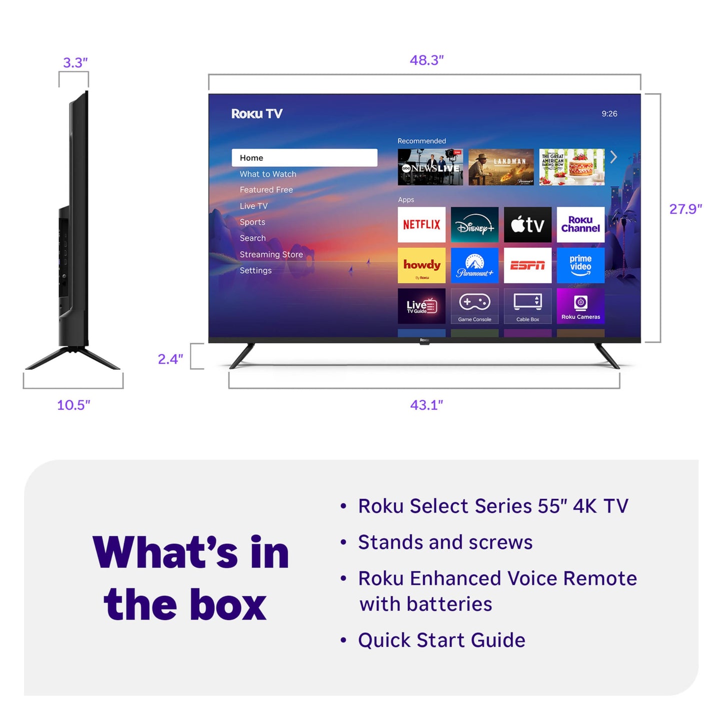 Roku Smart TV 2025 – 50-Inch Select Series, 4K HDR TV – RokuTV with Enhanced Voice Remote – Flat Screen LED Television with Wi-Fi for Streaming Live Local News, Sports, Family Entertainment