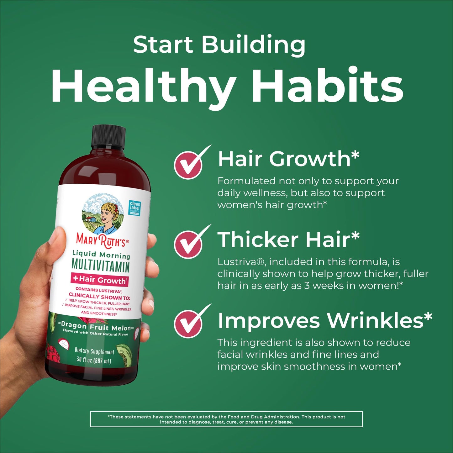 MaryRuth's Liquid Multivitamin + Hair Growth | Biotin 10000mcg | Lustriva Hair Growth Supplement | Clinically Tested in Women for Thicker Hair & Facial Wrinkle | Skin Care | Ages 18+ | 15.22 Fl Oz