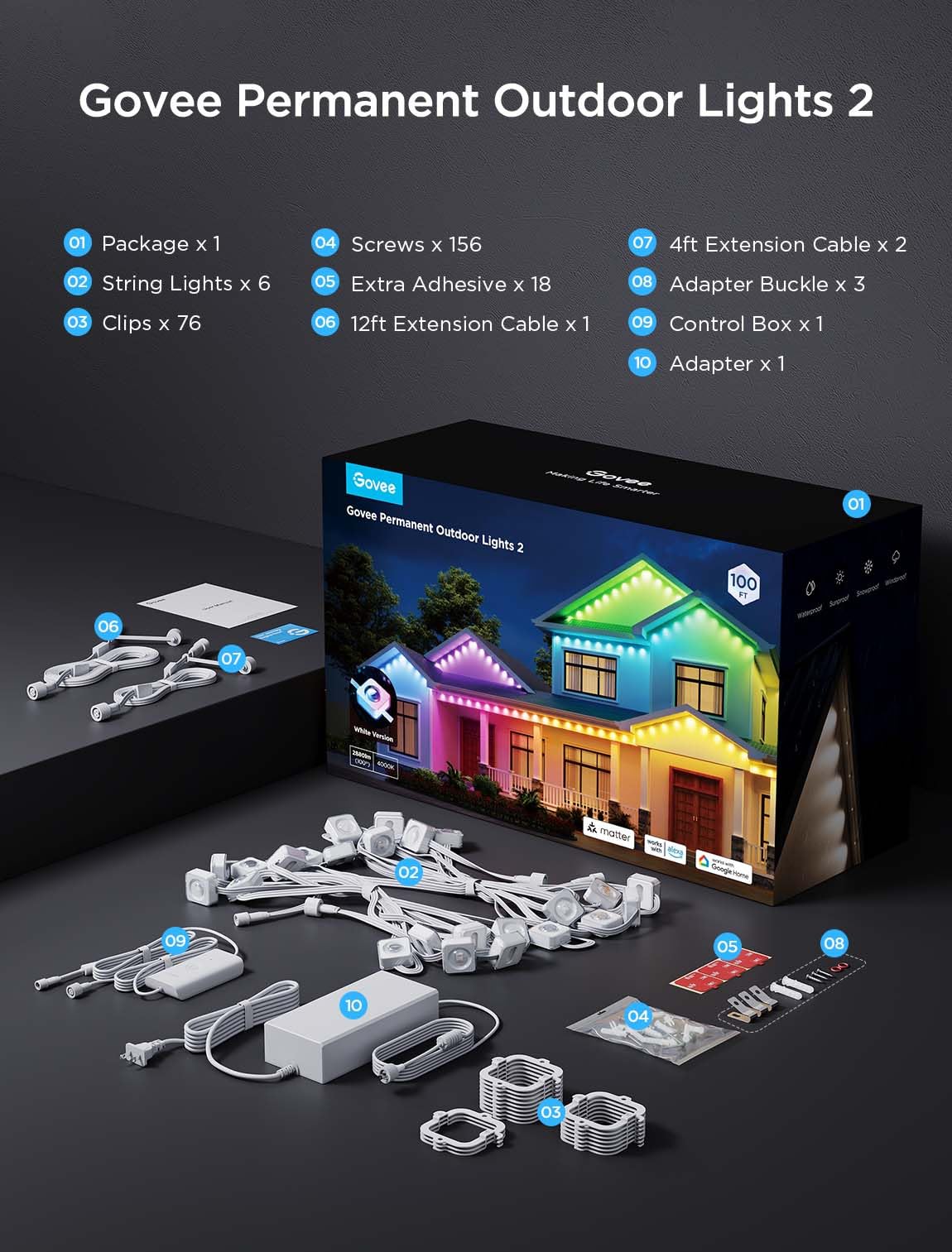 Govee Permanent Outdoor Lights 2, 150ft RGBIC Outdoor Lights with 108 LED Lights, IP67 Waterproof, 100 Scene Modes with 40lm White for Outdoor Decorations, Works with Alexa, Google Assistant, White