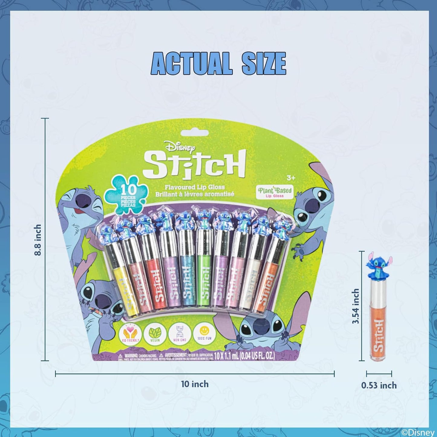 Disney Stitch 10 Piece Plant Based Lip Gloss, Girls Party Favors, First Makeup Set for Girl, Perfect for Parties, Sleepovers, and Birthday Gifts, Ages 3+, by Townley Girl
