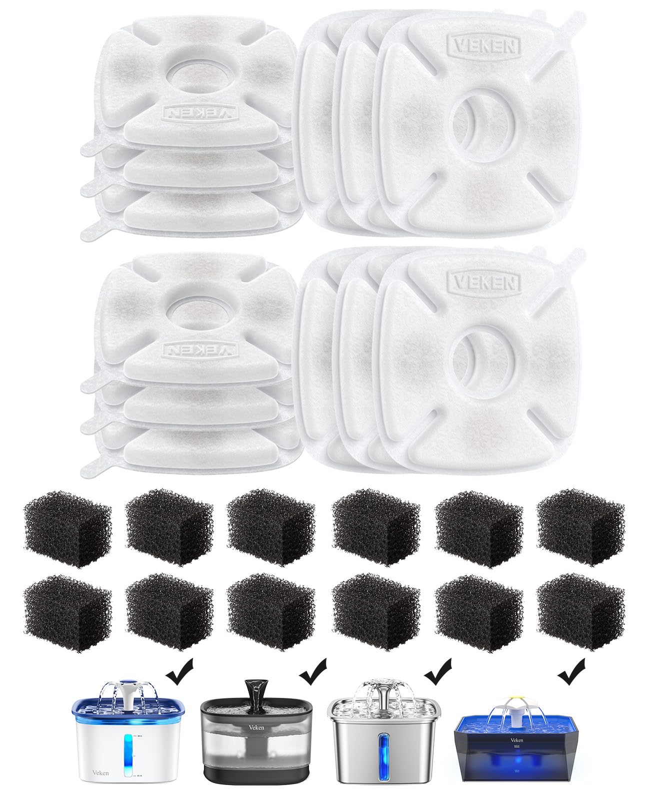 Veken Cat Water Fountain Filters, 8 Pack Replacement Filters & 8 Pack Replacement Pre-Filter Sponges Set for 50oz, 84oz, 95oz or 108oz Automatic Pet Fountain Dog Water Dispenser