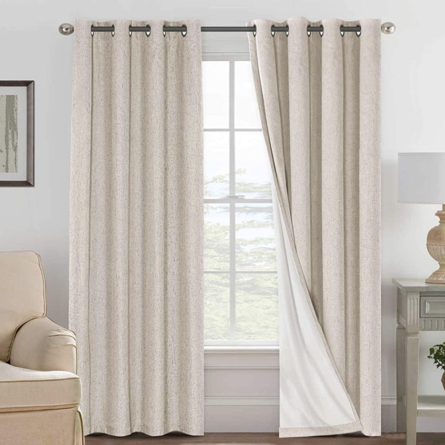 H.VERSAILTEXLinen-Polyester Curtains 100%Blackout Curtains for Bedroom 96"Long Full Light Blocking Nature Linen-Polyester Blended Window Curtains for LivingRoomNickel Grommet(2Panels,HeatheredNatural)