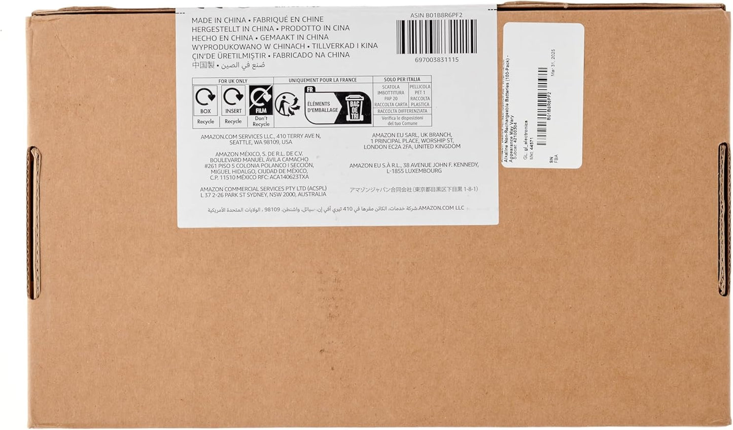 Amazon Basics 100-Pack AA Alkaline High-Performance Batteries, 1.5 Volt, 10-Year Shelf Life