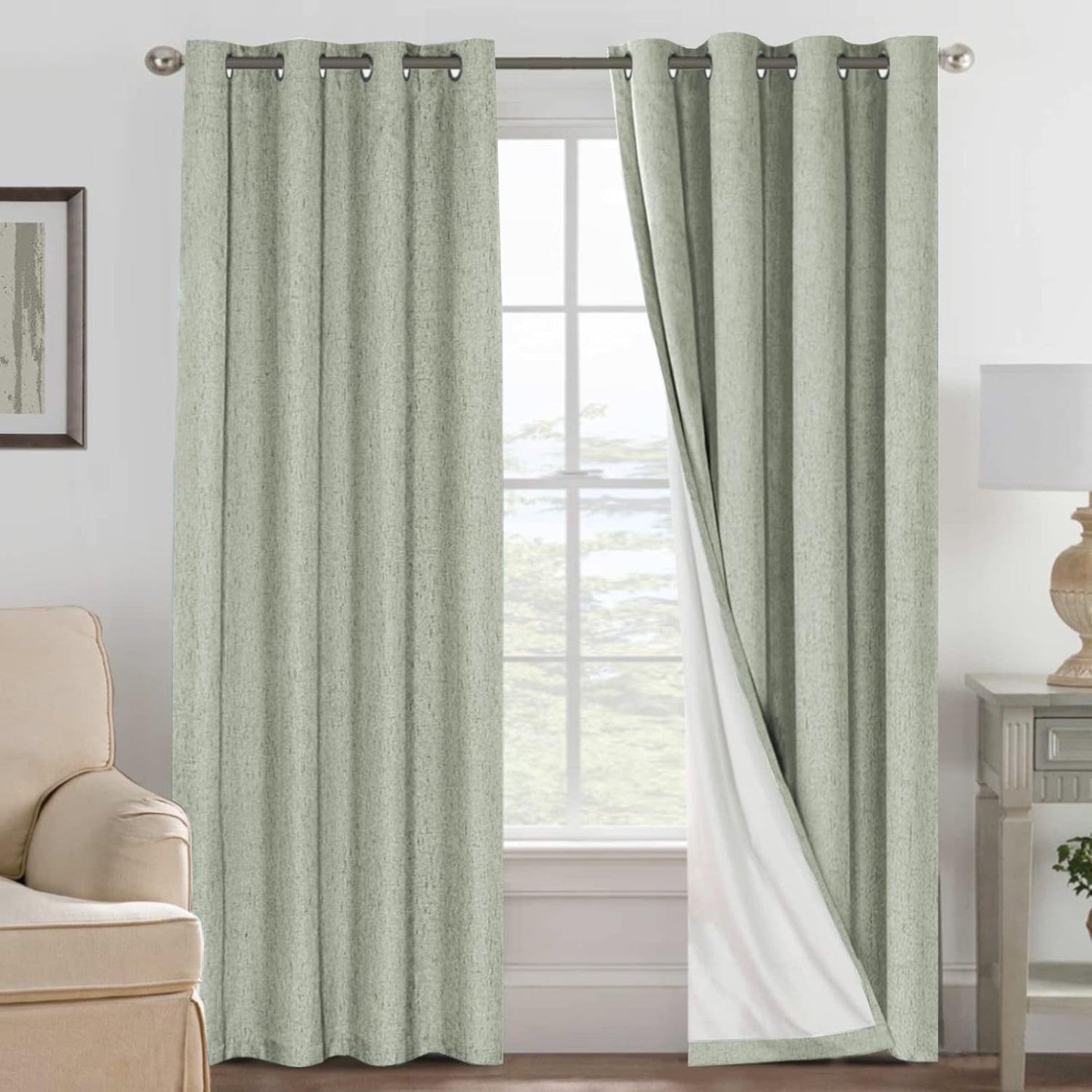 H.VERSAILTEXLinen-Polyester Curtains 100%Blackout Curtains for Bedroom 96"Long Full Light Blocking Nature Linen-Polyester Blended Window Curtains for LivingRoomNickel Grommet(2Panels,HeatheredNatural)