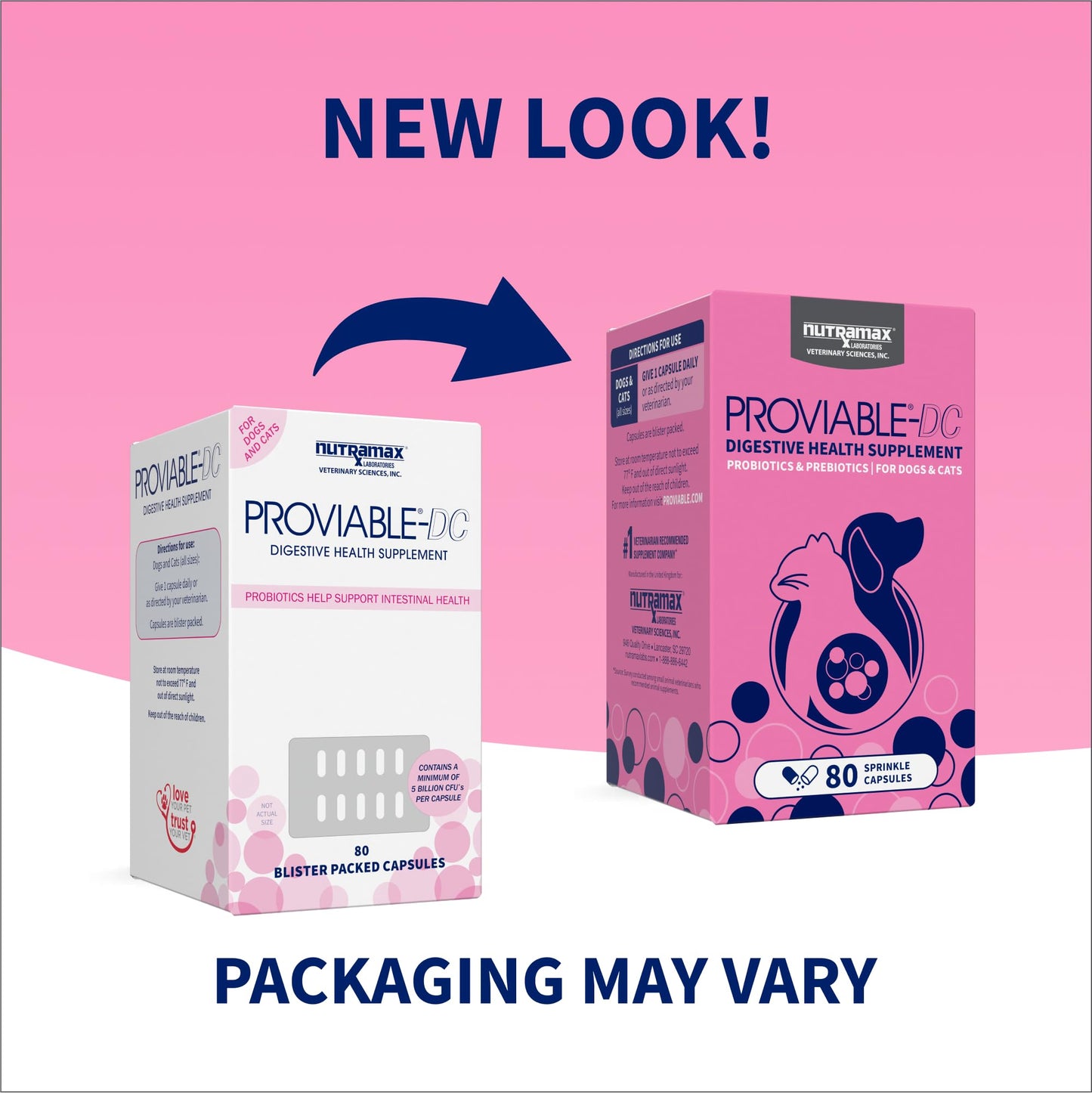 Nutramax Proviable Probiotics for Dogs and Cats, Daily Digestive Health Supplement with Multiple Strains of Bacteria, Cat and Dog Probiotics Plus Prebiotics, 30 Capsules
