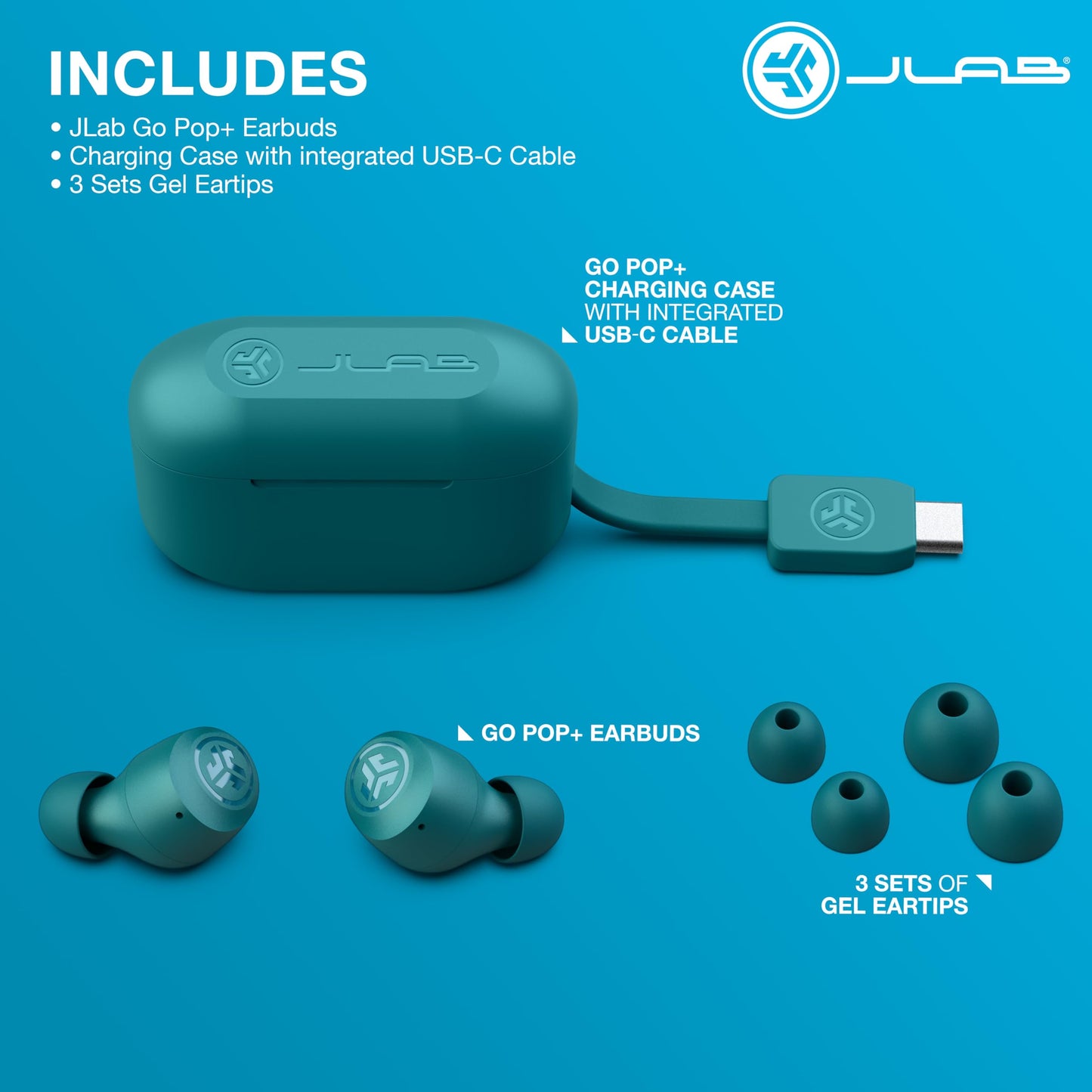 JLab Go Air Pop+ True Wireless Earbuds, in Ear Headphones, Bluetooth Earphones, 35H Playtime Ear Buds, Bluetooth Earbuds with Microphone, USB-C Charging Case, Dual Connect, EQ3 Sound, Black