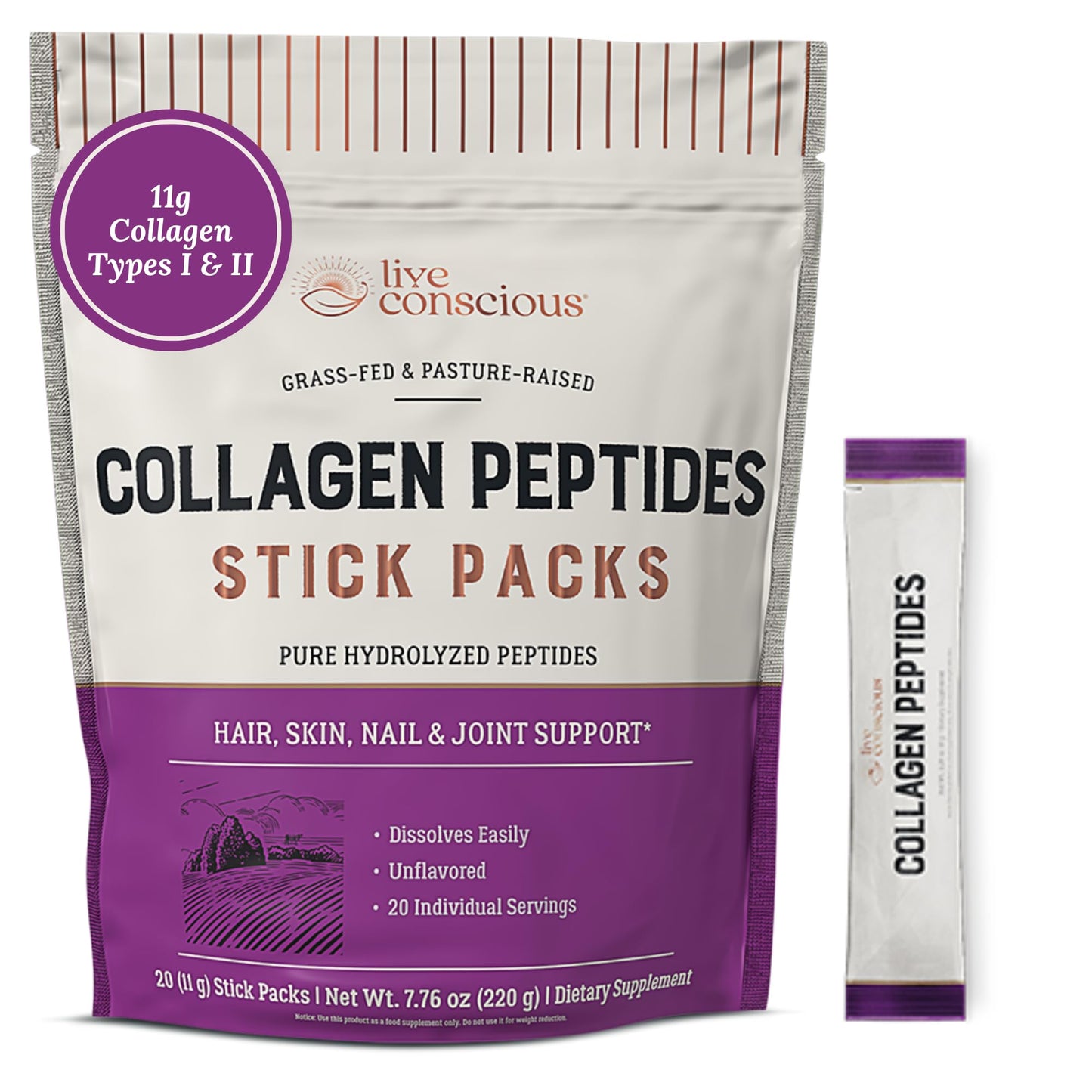 Live Conscious Collagen Peptides Powder - Naturally-Sourced Hydrolyzed Collagen Powder - Hair, Skin, Nail, and Joint Support - Type I & III Grass-Fed Collagen Supplements for Women and Men - 16oz