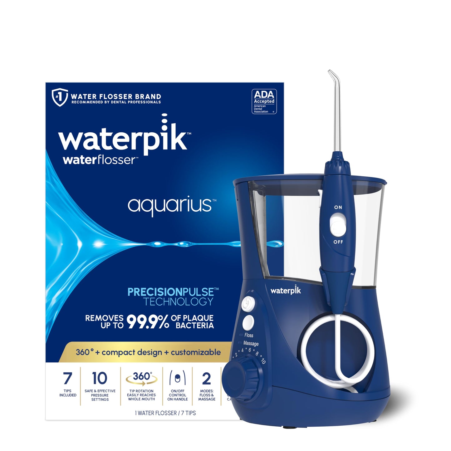 Waterpik Aquarius Water Flosser For Teeth Cleaning, Gums, Braces, Dental Care, Electric Power With 10 Settings, 7 Tips For Multiple Users And Needs, ADA Accepted, White WP-660, Packaging May Vary