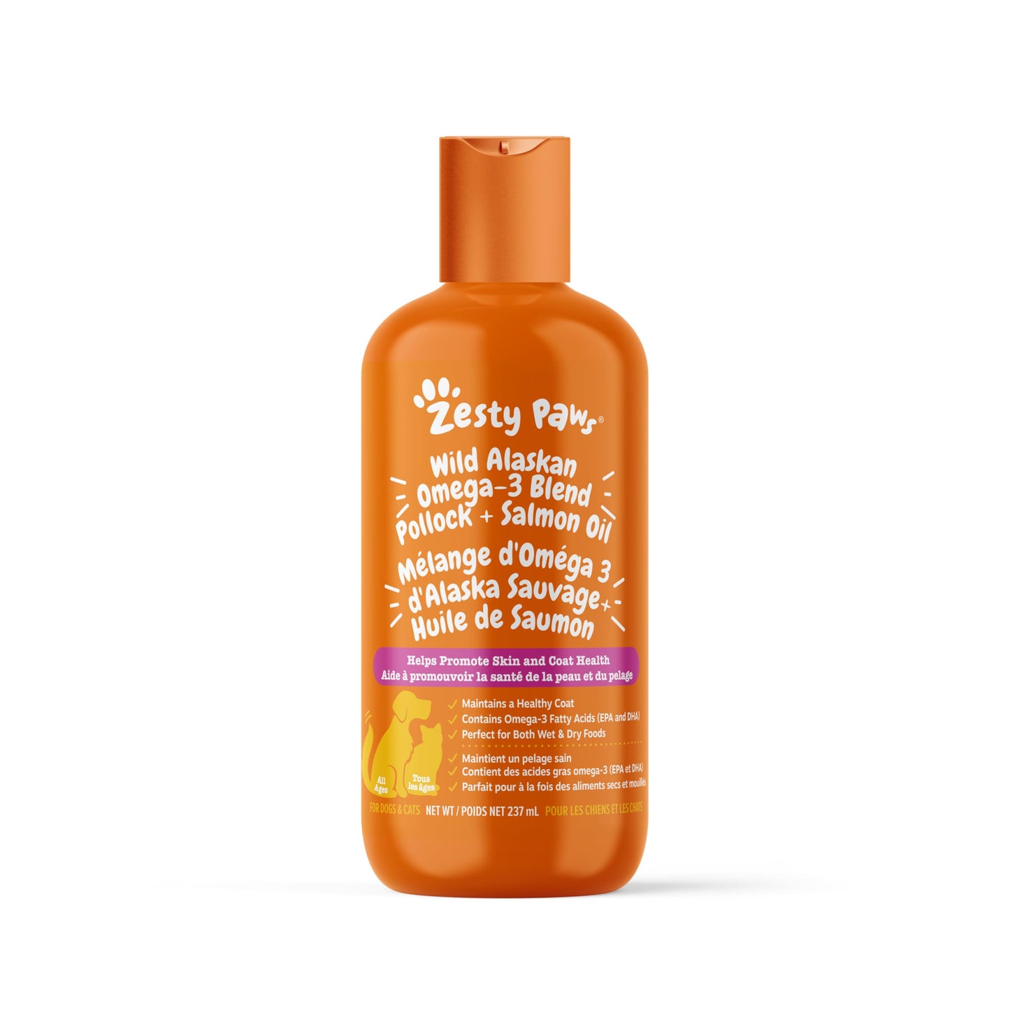 Zesty Paws Wild Alaskan Omega-3 Blend Pollock + Salmon Oil for Dogs and Cats- Skin and Coat Support, Omega 3 Supplement for Pets, 8.5oz