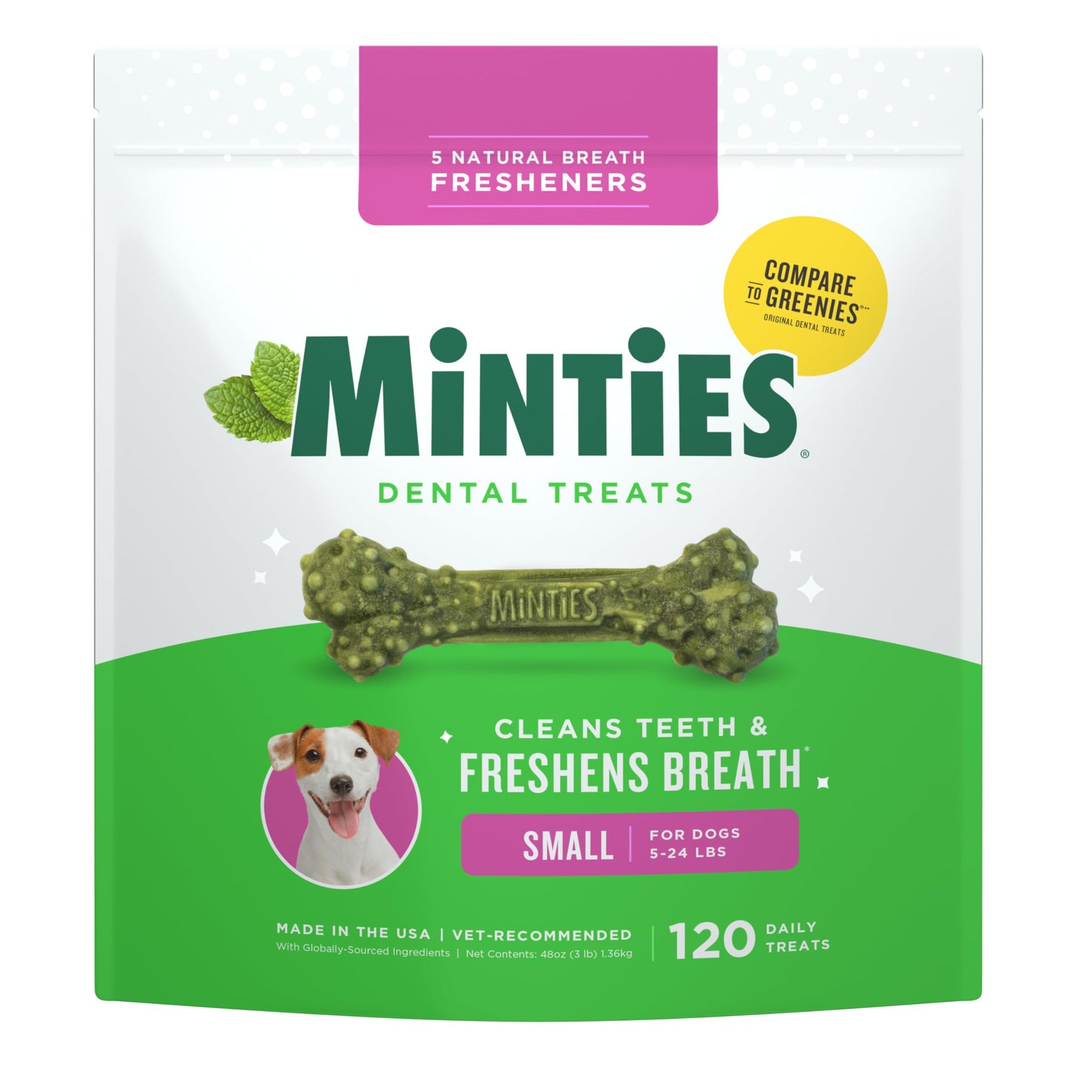 Minties Dog Dental Bone Treats, Tiny/Small Dental Dog Treats, 16 Ounces, Cleans Teeth, Fight Bad Breath, Removes Plaque and Tartar, 16 Count