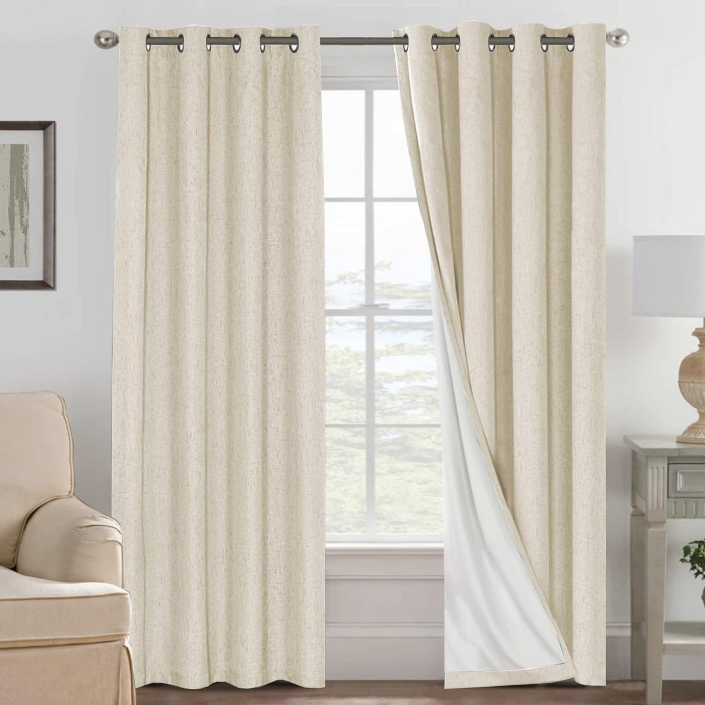 H.VERSAILTEXLinen-Polyester Curtains 100%Blackout Curtains for Bedroom 96"Long Full Light Blocking Nature Linen-Polyester Blended Window Curtains for LivingRoomNickel Grommet(2Panels,HeatheredNatural)
