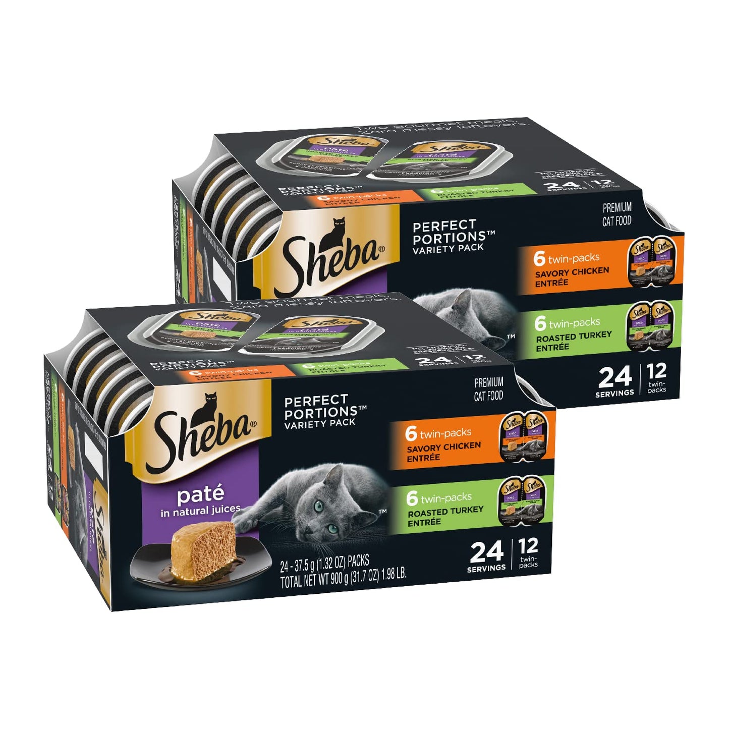 Sheba Perfect Portions Wet Cat Food Pate Savory Chicken Entree, Roasted Turkey Entree, and Tender Beef Entree Variety Pack, 2.6 oz. Twin Pack Trays (24 Count, 48 Servings)