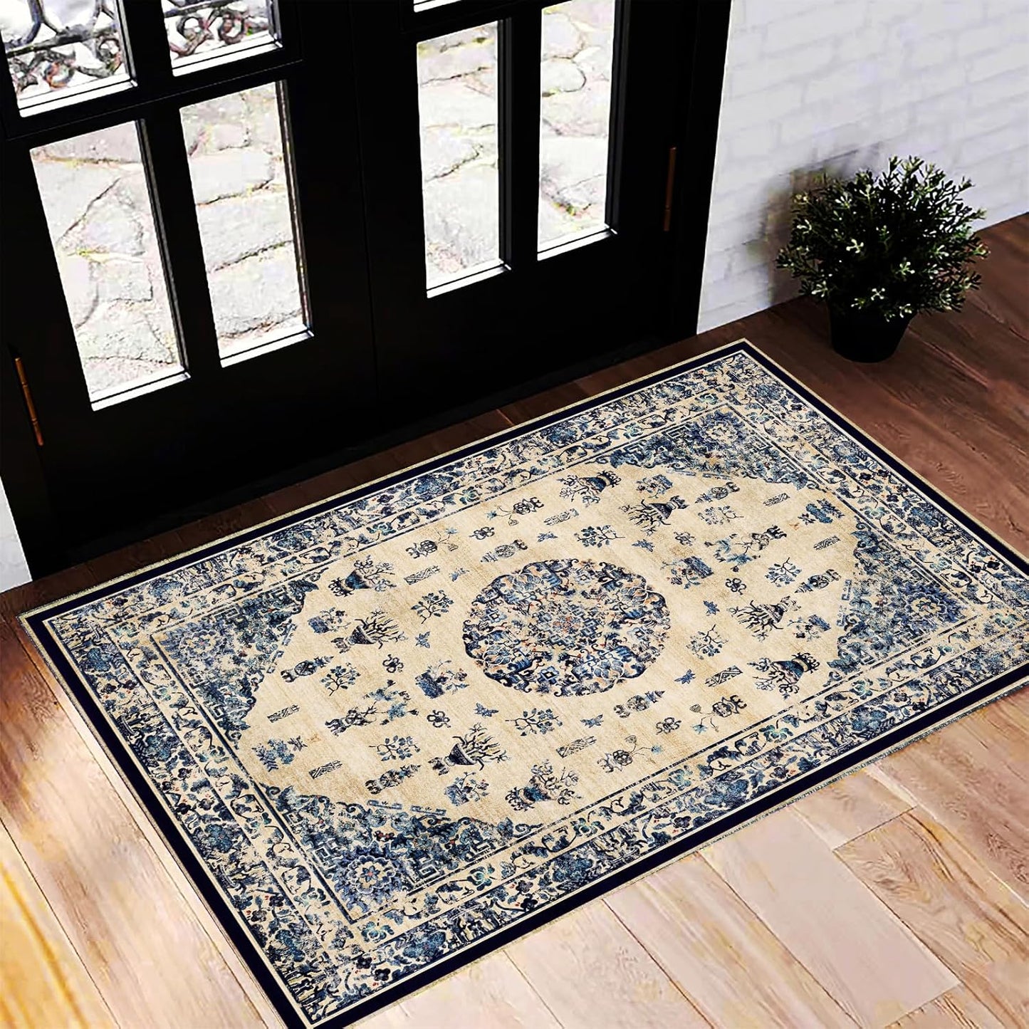 Washable Area Rug 9'x12' Boho Design Non-Shedding Easy Care Ideal for High Traffic Areas in Living Room Bedroom Office Coffee Table Kitchen Large Carpet