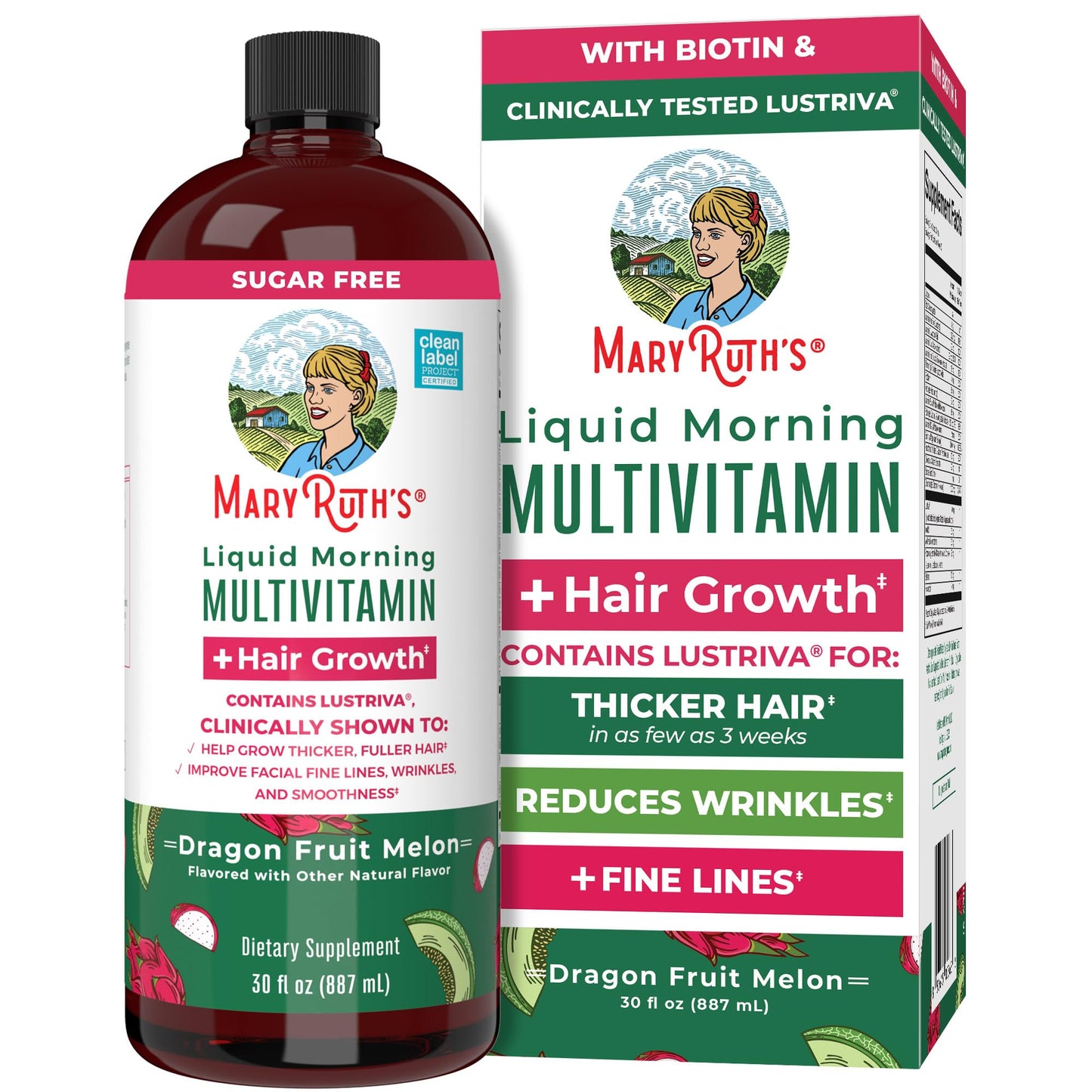 MaryRuth's Liquid Multivitamin + Hair Growth | Biotin 10000mcg | Lustriva Hair Growth Supplement | Clinically Tested in Women for Thicker Hair & Facial Wrinkle | Skin Care | Ages 18+ | 15.22 Fl Oz