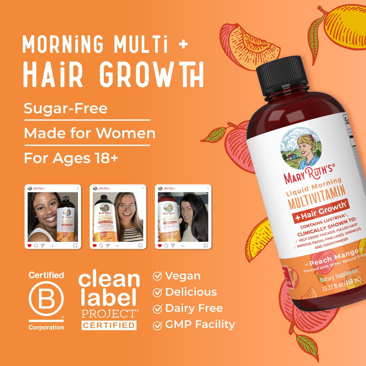 MaryRuth's Liquid Multivitamin + Hair Growth | Biotin 10000mcg | Lustriva Hair Growth Supplement | Clinically Tested in Women for Thicker Hair & Facial Wrinkle | Skin Care | Ages 18+ | 15.22 Fl Oz