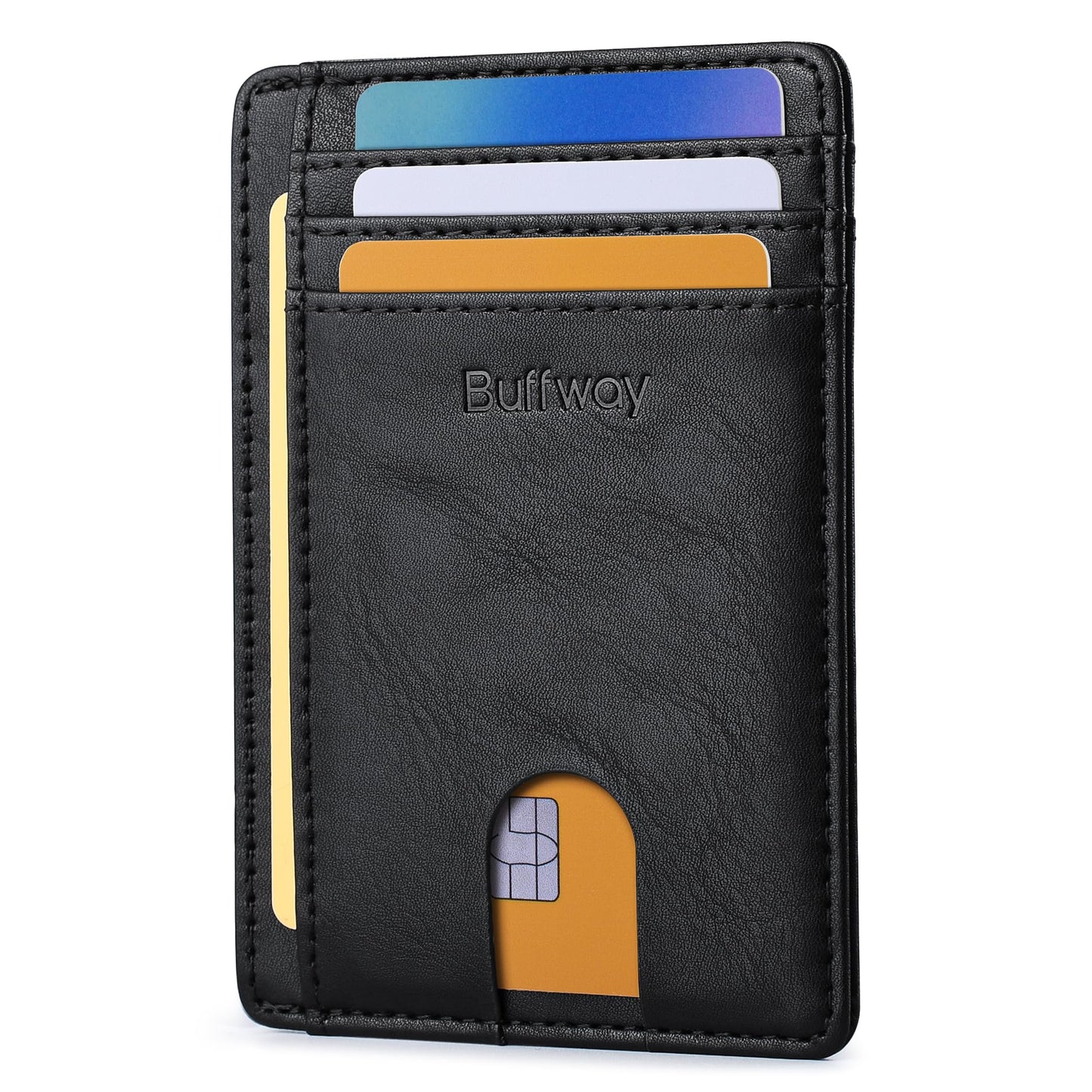 Buffway Slim Minimalist Front Pocket RFID Blocking Leather Wallets for Men and Women - Alaska Black
