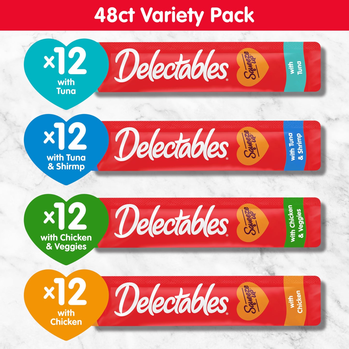 Delectables Squeeze Up Variety Pack, Creamy Squeezable Puree, Lickable Wet Cat Treats, Grain Free, No Added Fillers, No By-Products, No Added Preservatives, 0.5 Ounces Tube, 24 Tubes Total