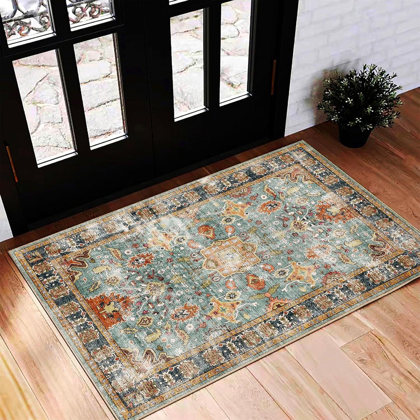 Washable Area Rug 9'x12' Boho Design Non-Shedding Easy Care Ideal for High Traffic Areas in Living Room Bedroom Office Coffee Table Kitchen Large Carpet
