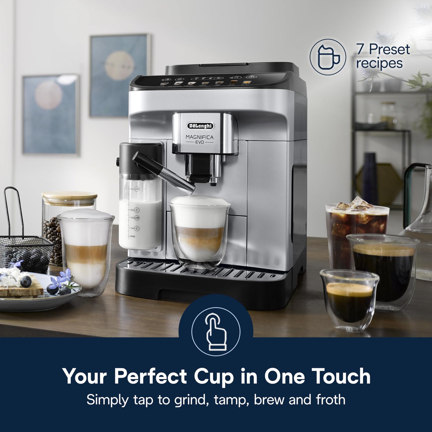 De'Longhi Magnifica Plus Fully Automatic Espresso Machine - Brew 18+ One Touch Coffee Recipes for up to 4 User Profiles, Automatic Milk Steam Wand & Built-in Grinder, Touchscreen Display
