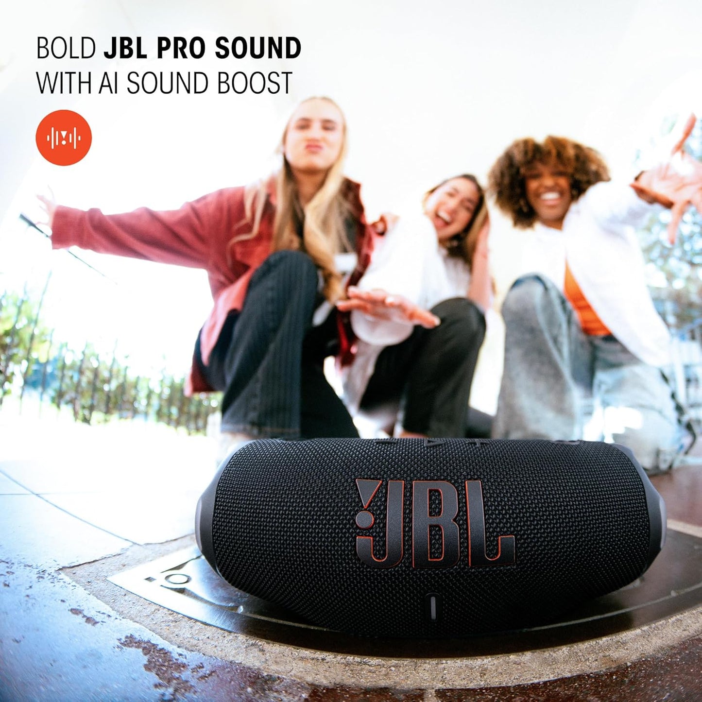JBL Charge 6 - Portable Waterproof & Drop-Proof Bluetooth Speaker, Bold Pro Sound with AI Sound Boost, 28Hrs of Playtime, Built-in powerbank & Comes with a Sturdy/Removable Carrying Strap (Black)