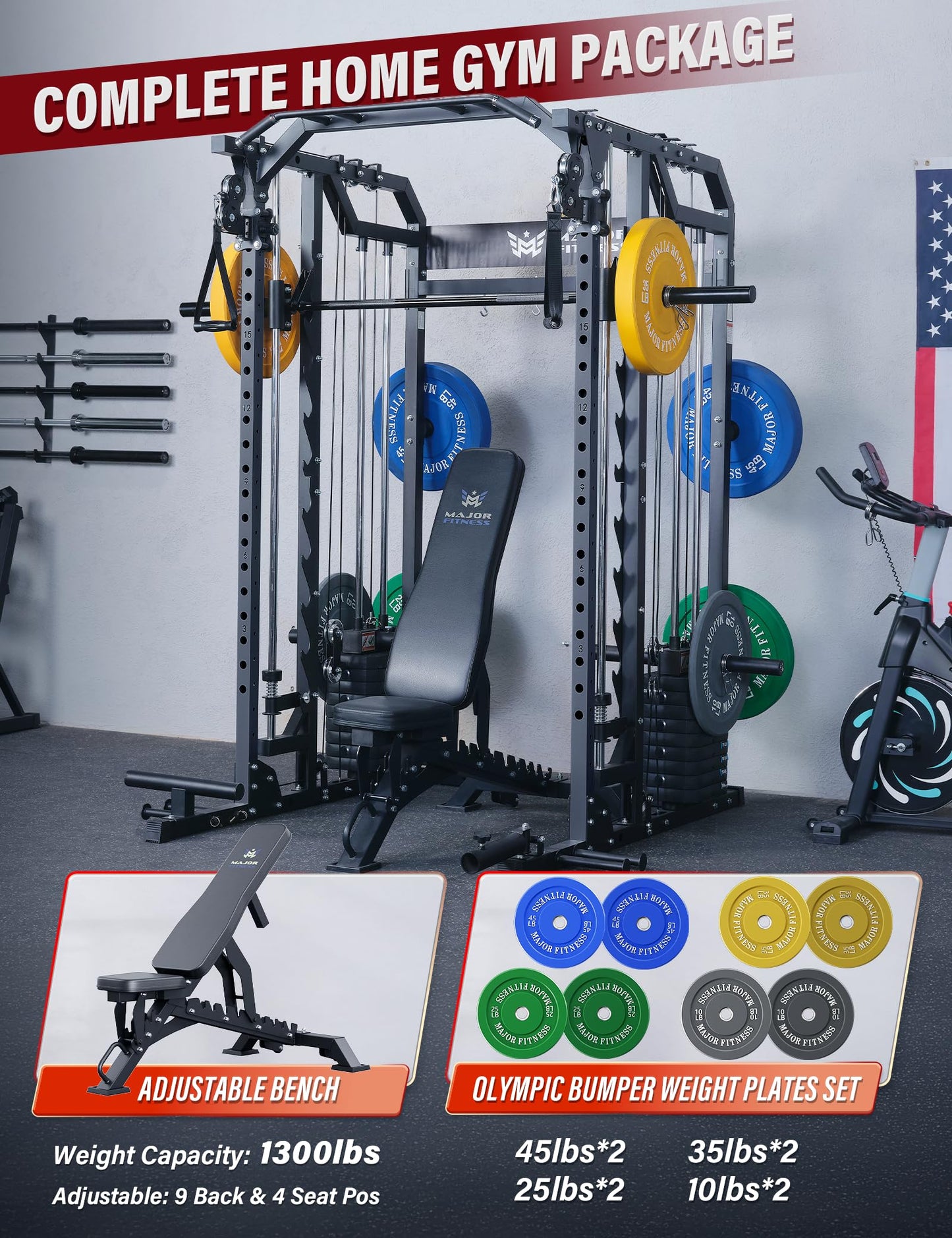 Major Fitness Drone2 Advanced Training Smith Machines– All-in-One Home Gym Squat Rack with Aluminum Pulley Set , Weight Bar, Dual LAT Pull-Down Systems & Cable Crossover Machine for Full-Body Workouts