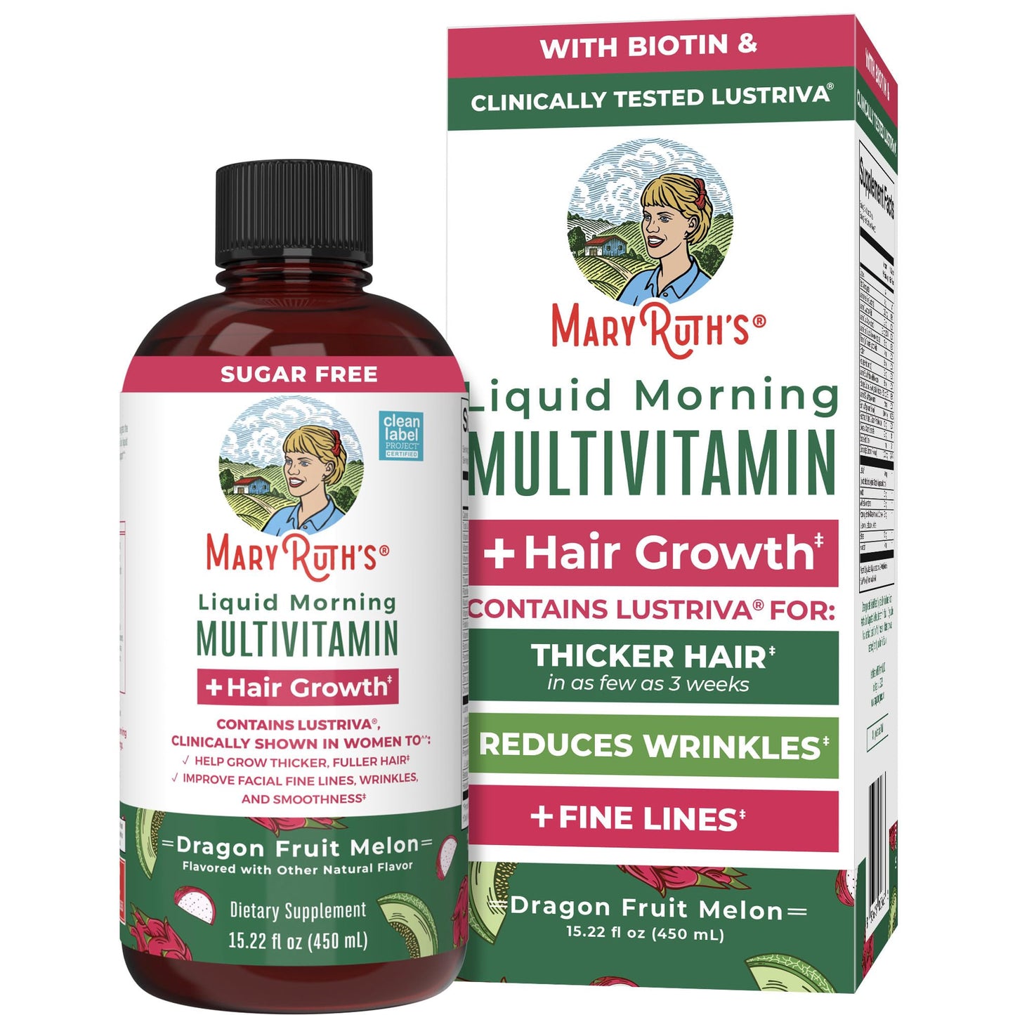 MaryRuth's Liquid Multivitamin + Hair Growth | Biotin 10000mcg | Lustriva Hair Growth Supplement | Clinically Tested in Women for Thicker Hair & Facial Wrinkle | Skin Care | Ages 18+ | 15.22 Fl Oz