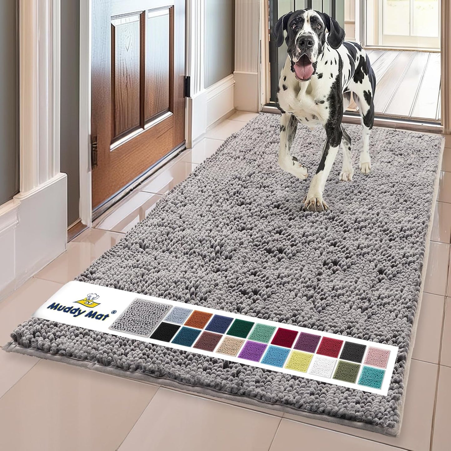Muddy Mat® Shown on TV Super Absorbent Microfiber Dog Door Mat for Muddy Paws, Non-Slip Washable Pet Rug, Quick Dry Chenille Entryway Carpet, Machine Washable Indoor Outdoor mat, Grey 30"x19"