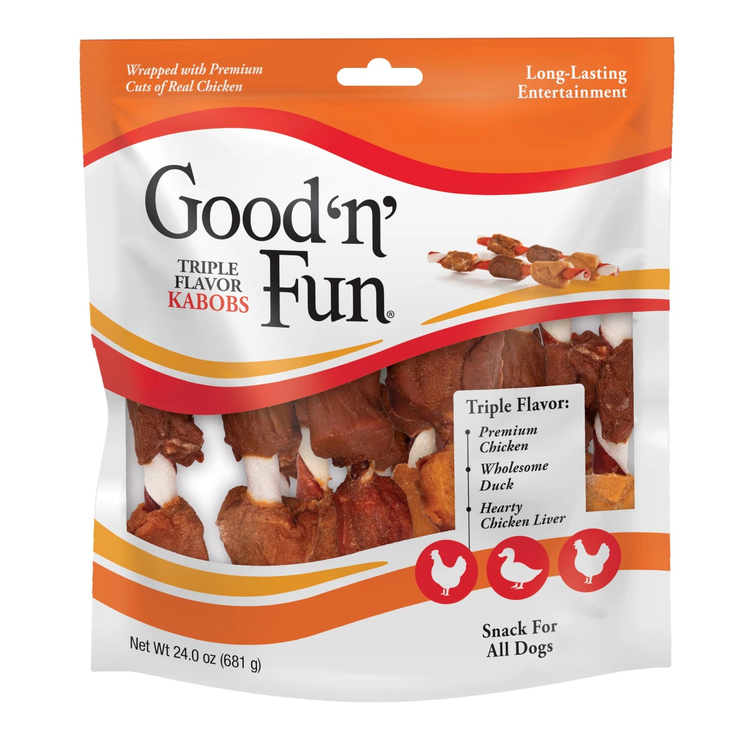 Good ‘n’ Fun Triple Flavor Kabobs Chews for All Dogs, 24 Ounces, Treat Your Dog to Chews Made from Beef Hide, Real Chicken, Pork Hide, Duck and Chicken Liver