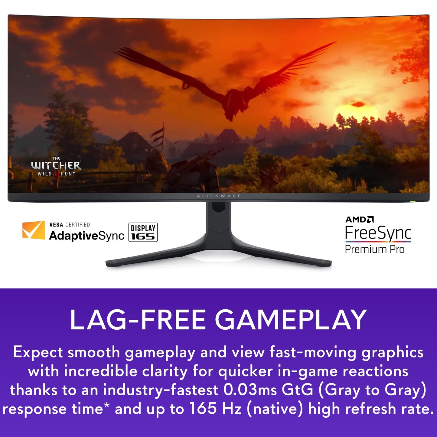 Alienware AW3423DWF Curved QD-OLED Gaming Monitor - 34-inch Quantum Dot OLED 0.1Ms 165Hz 21:9 Curved Display, 99.3% DCI-P3 Color Gamut, VESA DisplayHDR True Black 400, AMD FreeSync Premium Pro - Black