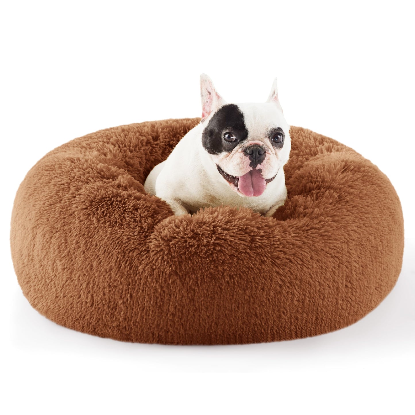 Bedsure Calming Dog Bed Medium Size Dog - Donut Washable Medium Pet Bed, 30 inches Anti-Slip Round Fluffy Plush Faux Fur Cat Bed, Fits up to 45 lbs Pets, Camel