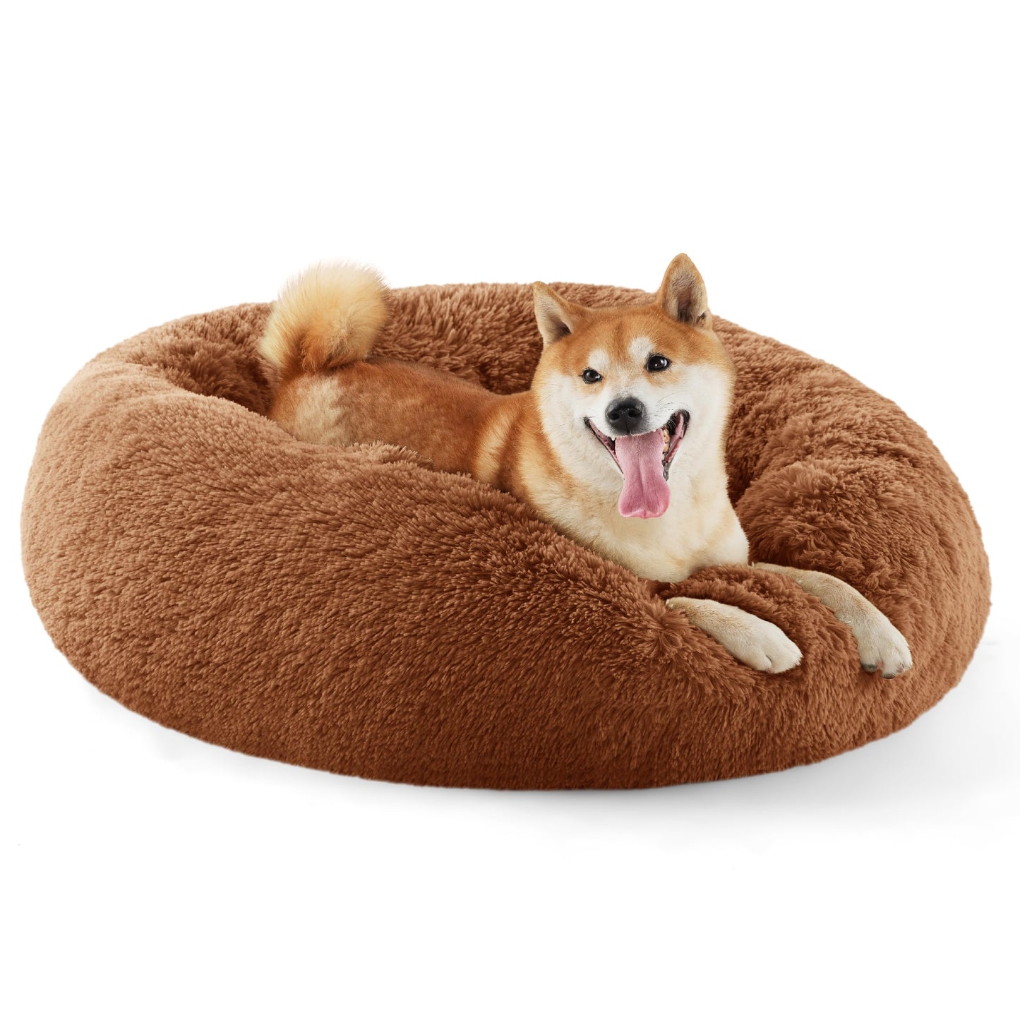 Bedsure Calming Dog Bed Medium Size Dog - Donut Washable Medium Pet Bed, 30 inches Anti-Slip Round Fluffy Plush Faux Fur Cat Bed, Fits up to 45 lbs Pets, Camel