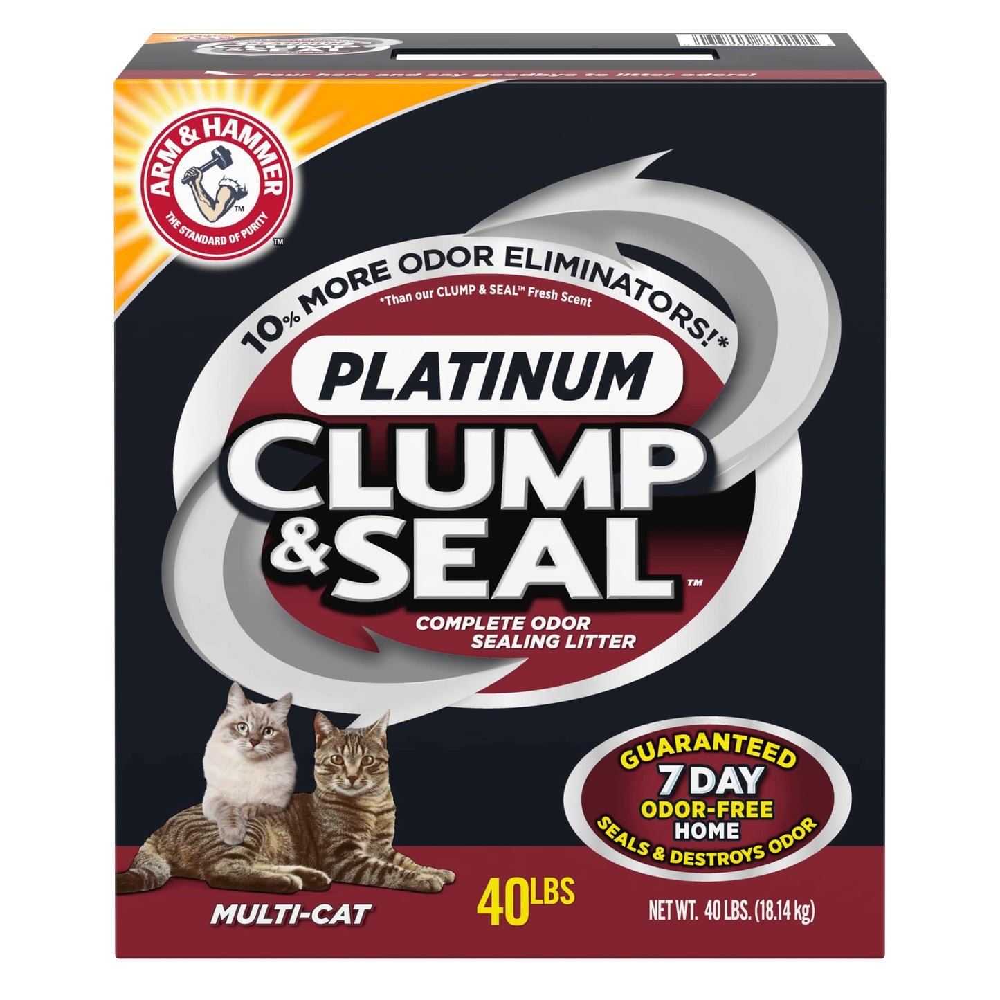 ARM & HAMMER Clump & Seal Platinum Cat Litter, Multi-Cat, 14-Day Odor Control, Rock-Hard Clumps, 37 lbs – Powerful Odor Eliminator with Baking Soda