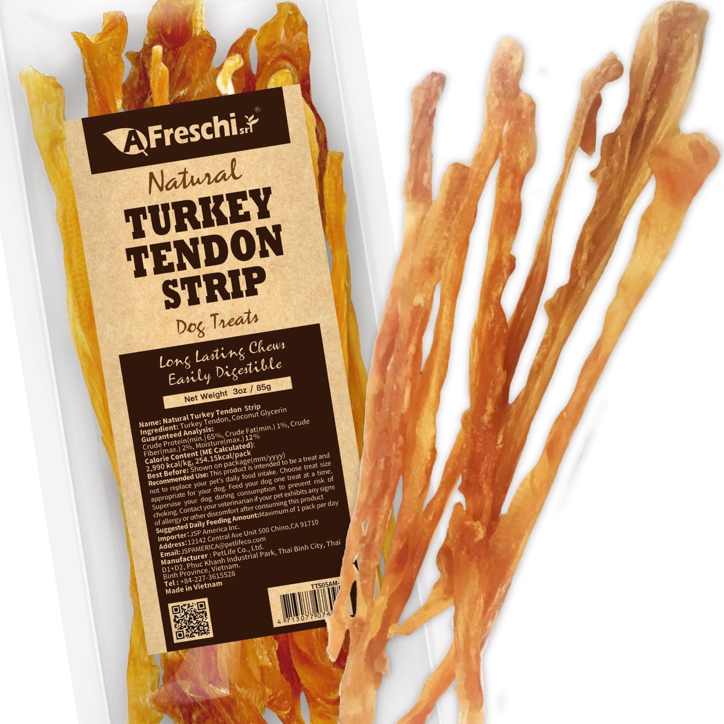 AFreschi Turkey Tendons for Dogs, USA-Sourced, Healthy Dog Treats, Rawhide-Free Puppy Chews, Long Lasting, All Natural, Hypoallergenic Dog Treats for Small Breeds, 3 oz Pack Strips