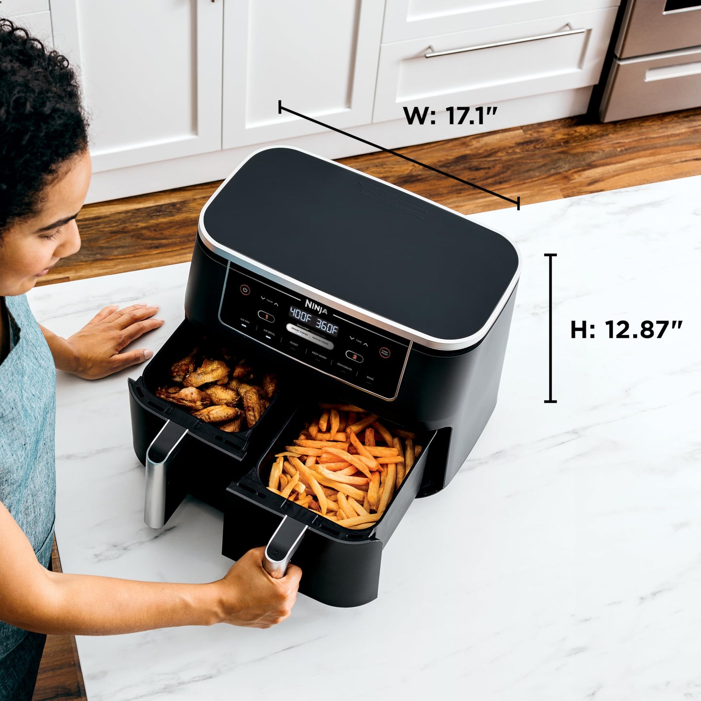Ninja DZ401 Foodi 10 Quart 6-in-1 DualZone XL 2-Basket Air Fryer with 2 Independent Frying Baskets, Match Cook & Smart Finish to Roast, Broil, Dehydrate for Quick, Easy Family-Sized Meals, Grey