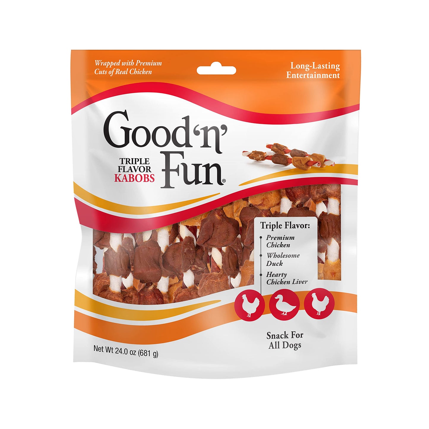 Good ‘n’ Fun Triple Flavor Kabobs Chews for All Dogs, 24 Ounces, Treat Your Dog to Chews Made from Beef Hide, Real Chicken, Pork Hide, Duck and Chicken Liver