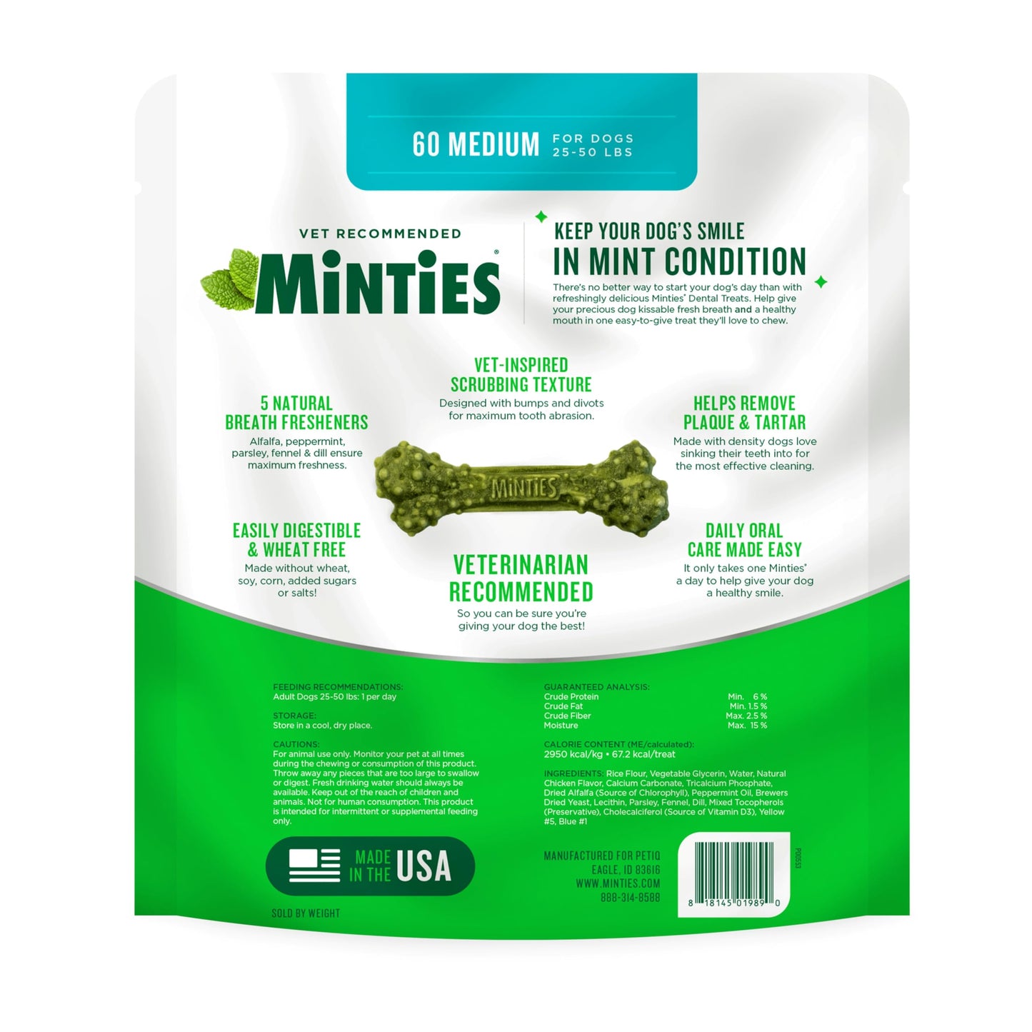 Minties Dog Dental Bone Treats, Tiny/Small Dental Dog Treats, 16 Ounces, Cleans Teeth, Fight Bad Breath, Removes Plaque and Tartar, 16 Count