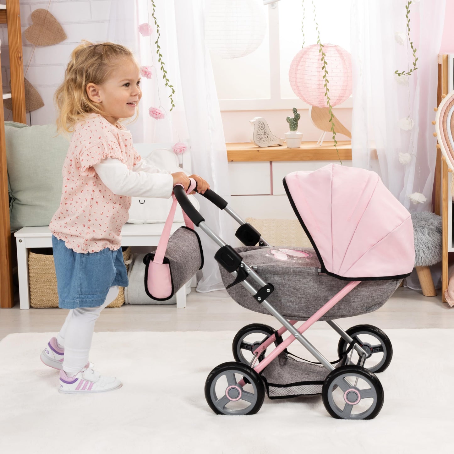 Bayer: 4-in-1 Toy Baby Doll Pram Stroller Cosy Set - Dolls Up to 18" (Pink/Grey) | Baby Dolls | Pretend | Dress up | Accessory