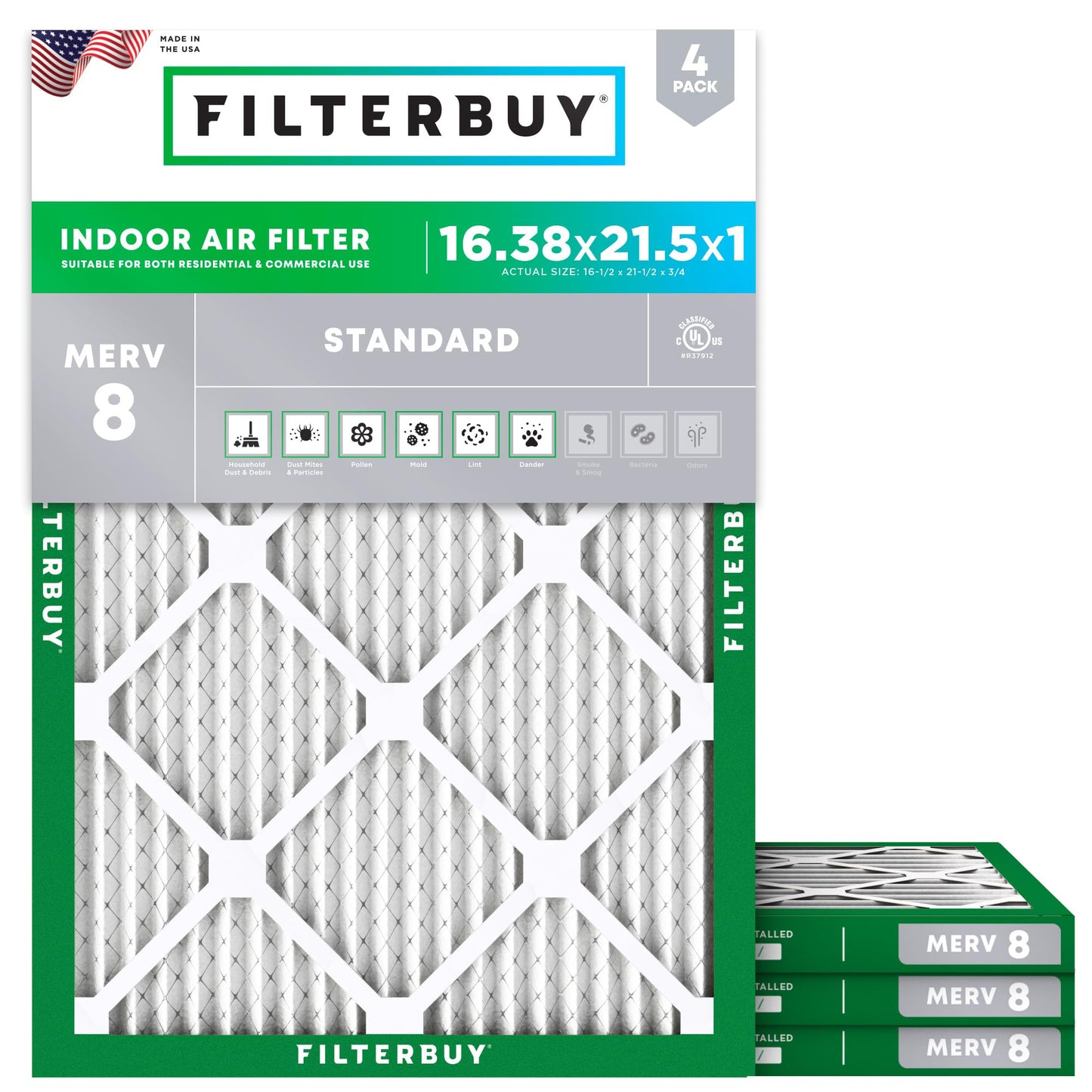 Filterbuy 16x25x1 Air Filter MERV 8 Essential Dust & Allergy Defense (4-Pack), Electrostatic Pleated HVAC AC Furnace Filters Replacement, Made in USA (Actual Size: 15.50 x 24.50 x 0.75)