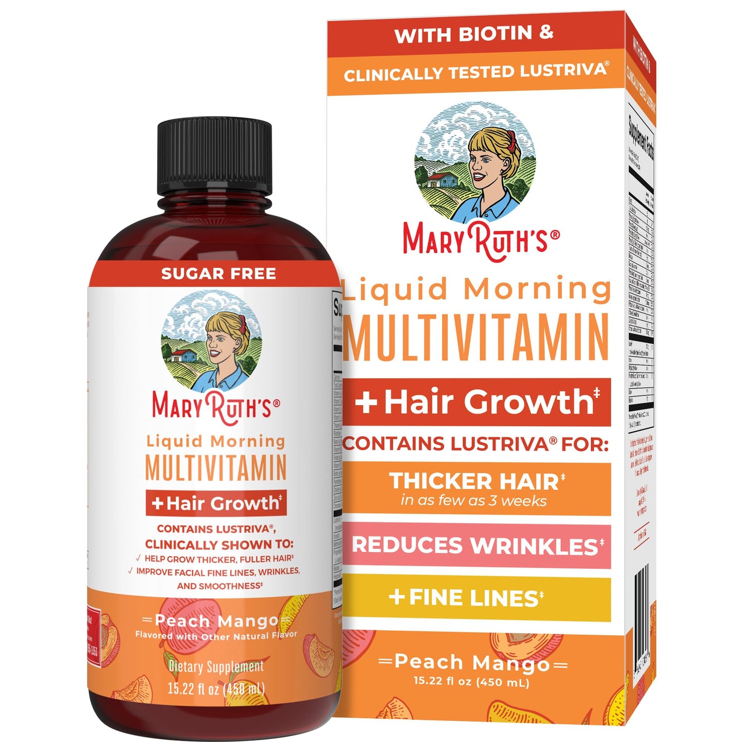 MaryRuth's Liquid Multivitamin + Hair Growth | Biotin 10000mcg | Lustriva Hair Growth Supplement | Clinically Tested in Women for Thicker Hair & Facial Wrinkle | Skin Care | Ages 18+ | 15.22 Fl Oz