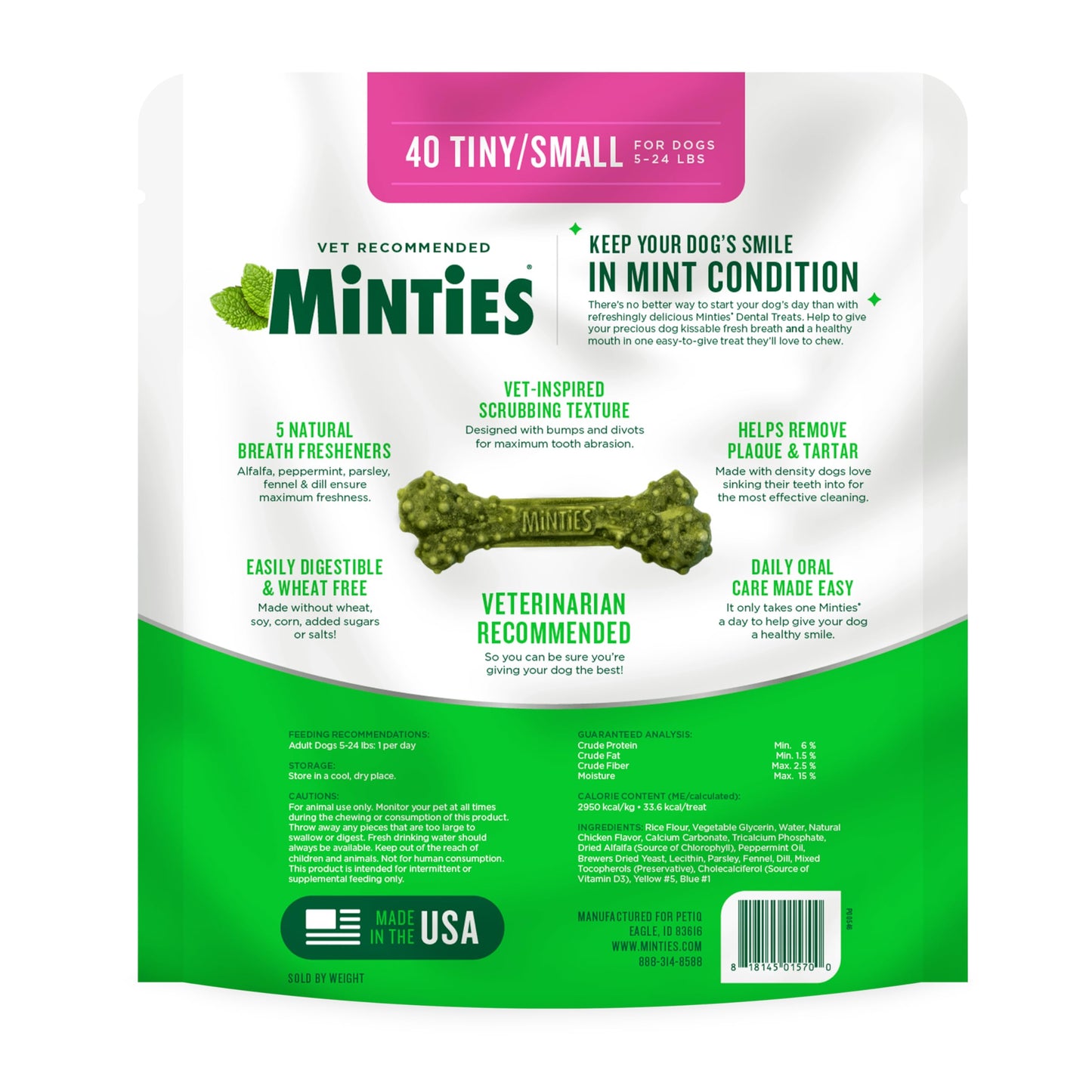 Minties Dog Dental Bone Treats, Tiny/Small Dental Dog Treats, 16 Ounces, Cleans Teeth, Fight Bad Breath, Removes Plaque and Tartar, 16 Count