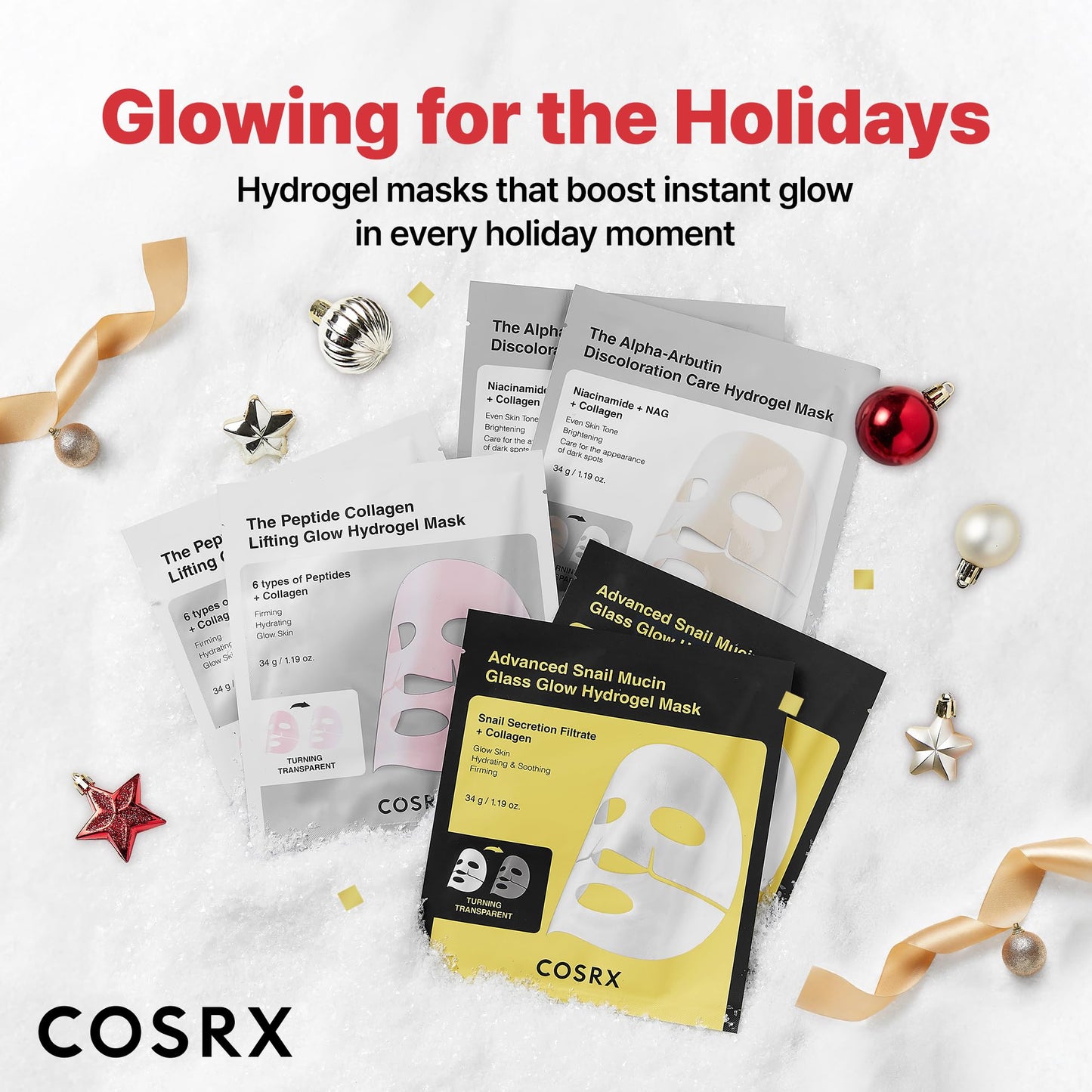 COSRX Advanced Snail Mucin Glass Glow Hydrogel Face Masks Skincare 3 EA, Collagen Face Mask, Travel Essentials, Overnight Face Mask, Korean Skin Care, Stocking Stuffers for Women