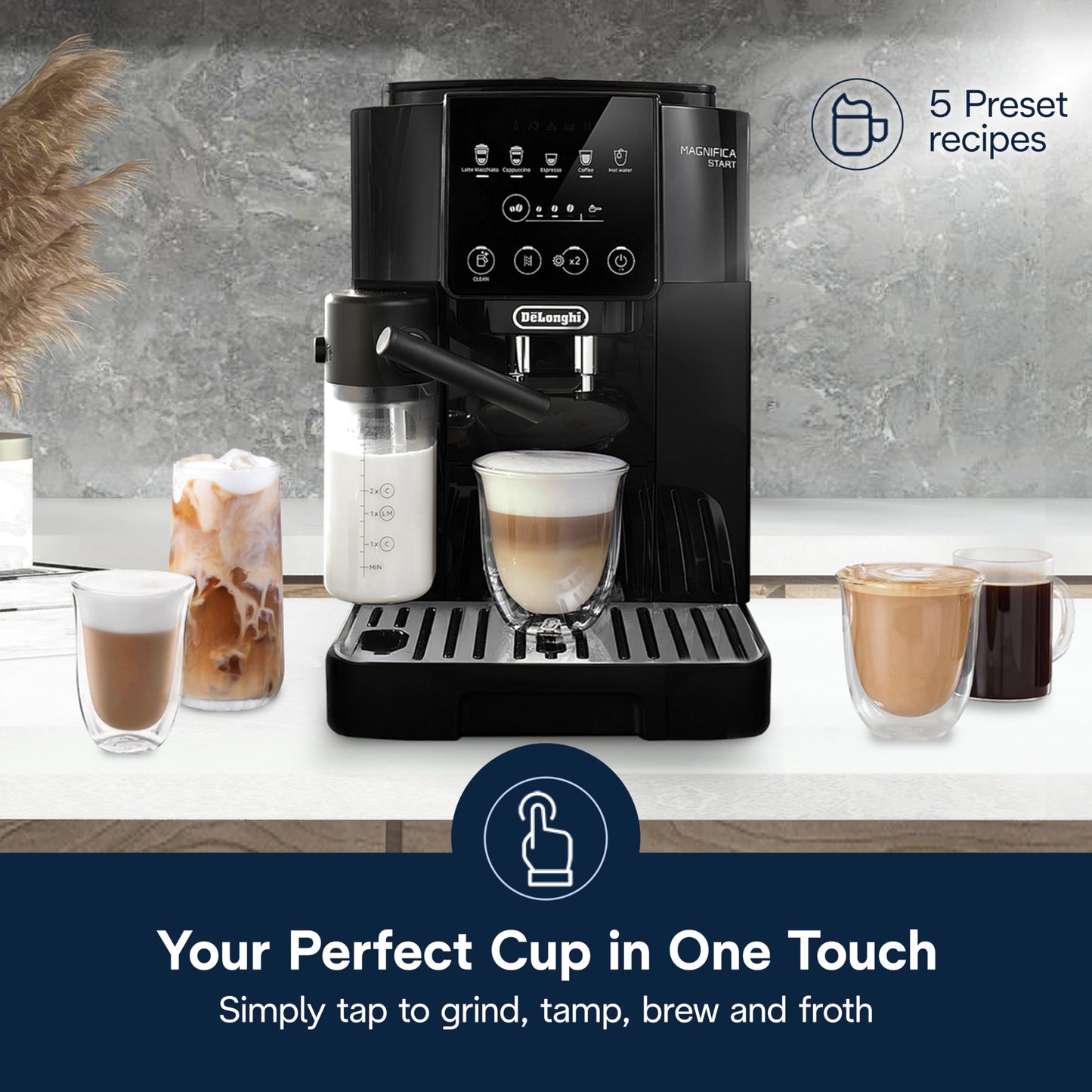 De'Longhi Magnifica Plus Fully Automatic Espresso Machine - Brew 18+ One Touch Coffee Recipes for up to 4 User Profiles, Automatic Milk Steam Wand & Built-in Grinder, Touchscreen Display