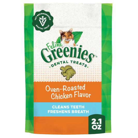 Greenies Feline Adult Dental Cat Treats, Oven Roasted Chicken Flavor, 9.75 oz. Tub