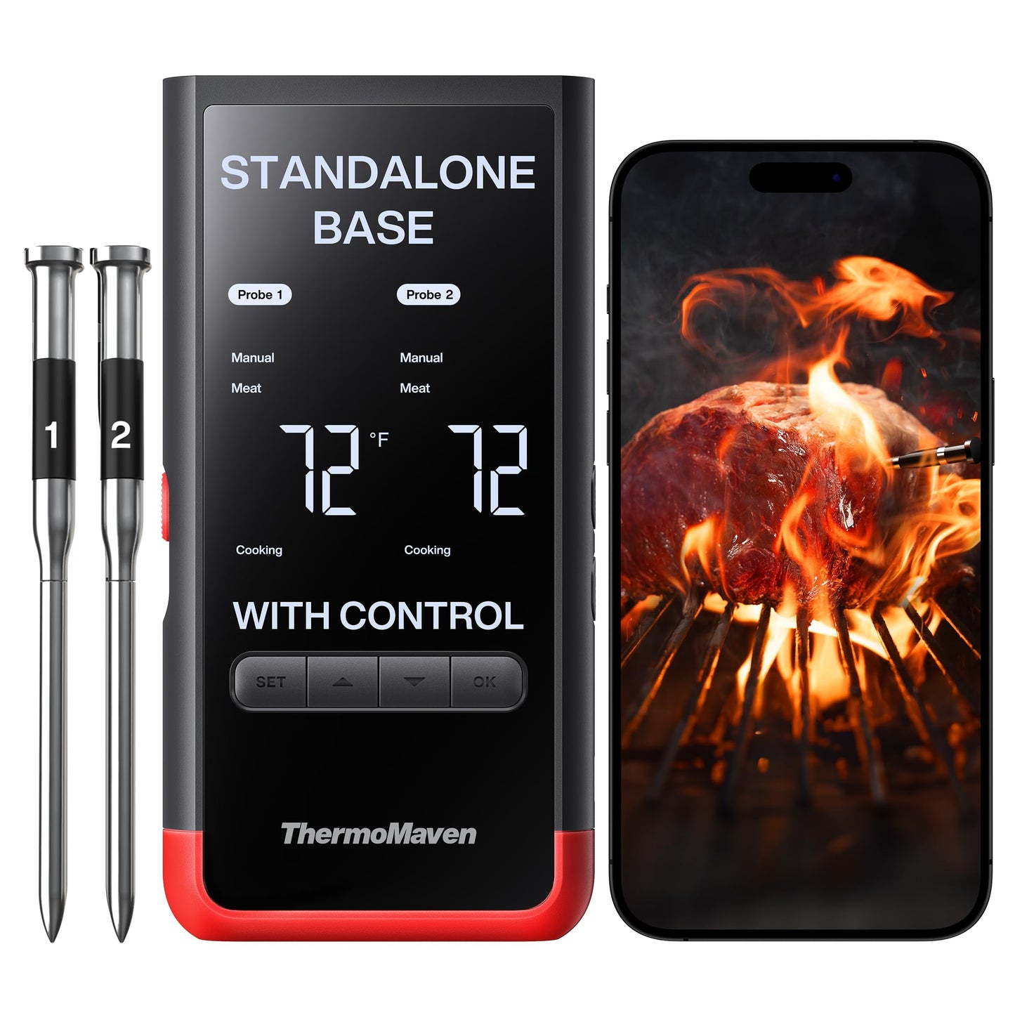 ThermoMaven Smart Bluetooth Wireless Meat Thermometer: Standalone Base, WiFi Unlimited Range, 6 Sensors with NIST Certified Accuracy, 2 Probes for Kitchen, BBQ, Grill, Oven, Smoker, Rotisserie