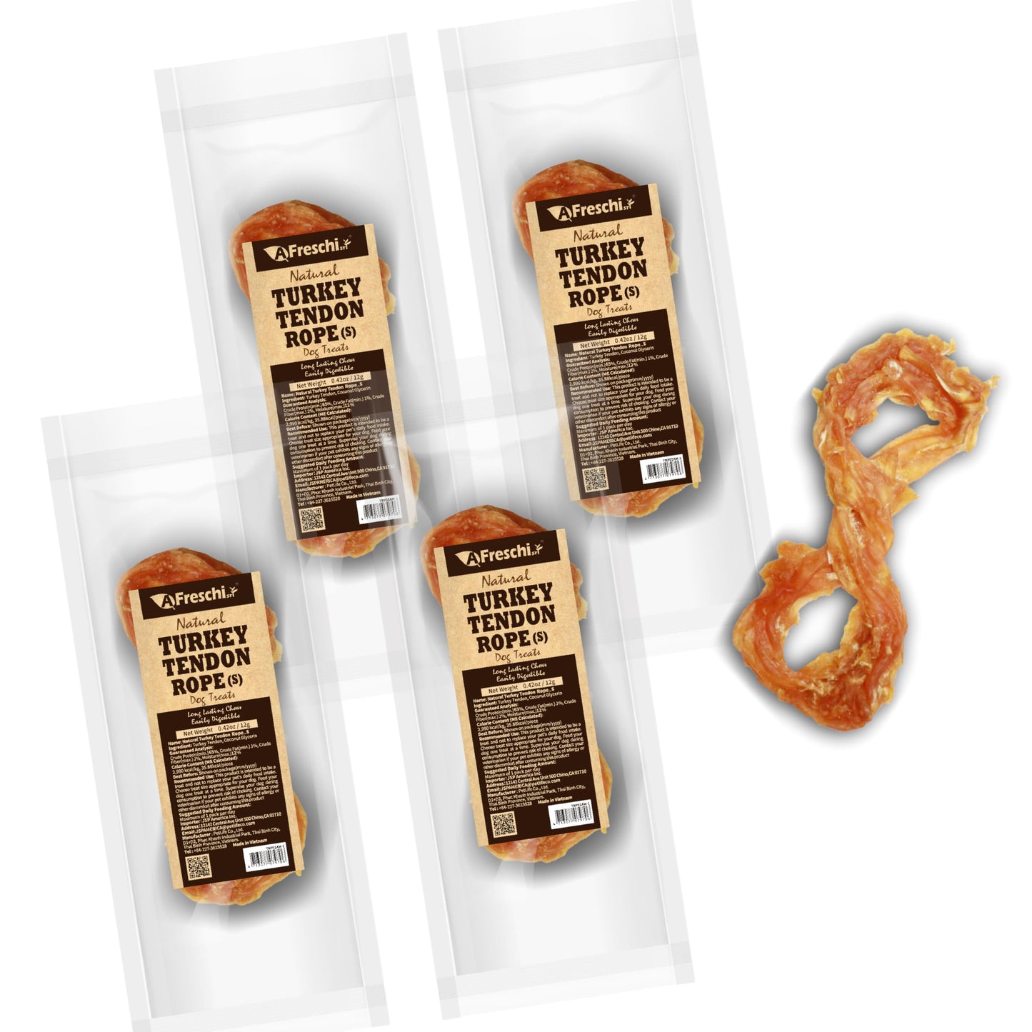 AFreschi Turkey Tendons for Dogs, USA-Sourced, Healthy Dog Treats, Rawhide-Free Puppy Chews, Long Lasting, All Natural, Hypoallergenic Dog Treats for Small Breeds, 3 oz Pack Strips