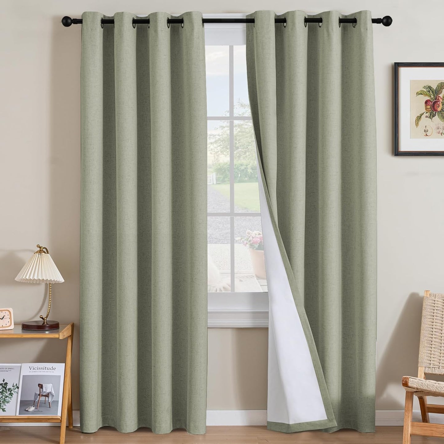 H.VERSAILTEXLinen-Polyester Curtains 100%Blackout Curtains for Bedroom 96"Long Full Light Blocking Nature Linen-Polyester Blended Window Curtains for LivingRoomNickel Grommet(2Panels,HeatheredNatural)