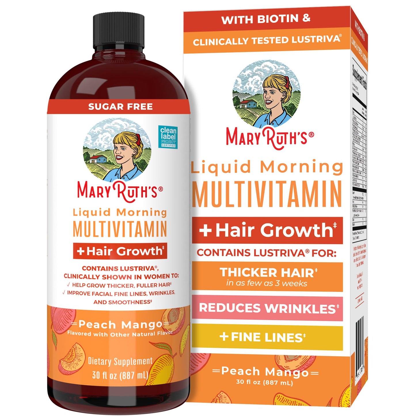 MaryRuth's Liquid Multivitamin + Hair Growth | Biotin 10000mcg | Lustriva Hair Growth Supplement | Clinically Tested in Women for Thicker Hair & Facial Wrinkle | Skin Care | Ages 18+ | 15.22 Fl Oz