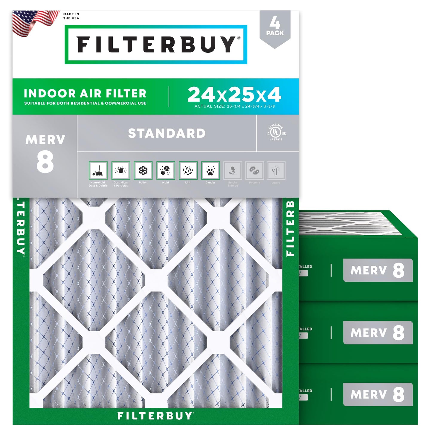 Filterbuy 16x25x1 Air Filter MERV 8 Essential Dust & Allergy Defense (4-Pack), Electrostatic Pleated HVAC AC Furnace Filters Replacement, Made in USA (Actual Size: 15.50 x 24.50 x 0.75)