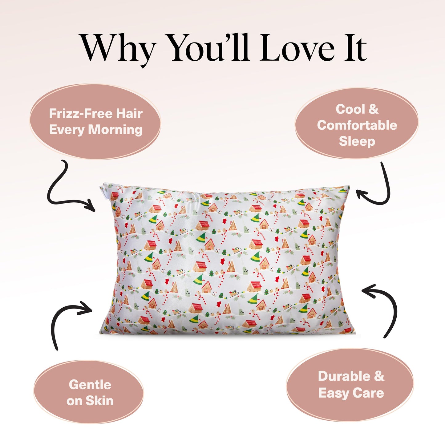 Kitsch x Elf North Pole - Satin Pillowcase with Zipper for Hair & Skin – Softer Than Silk, Cooling Pillow case, Wrinkle-Free, Machine Washable, Queen/Standard (19x26)